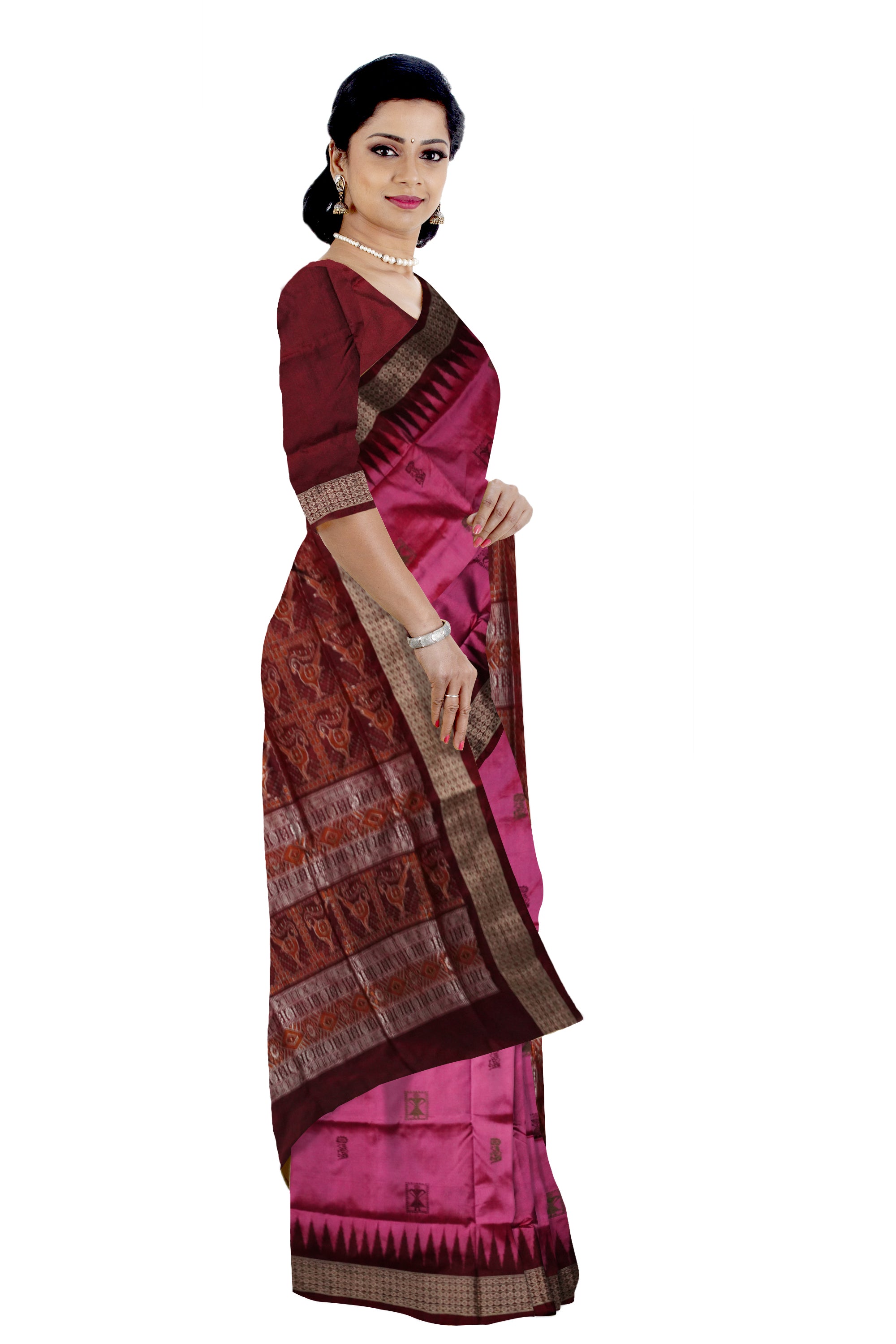 Pink and maroon color terracotta pattern pata saree. - Koshali Arts & Crafts Enterprise