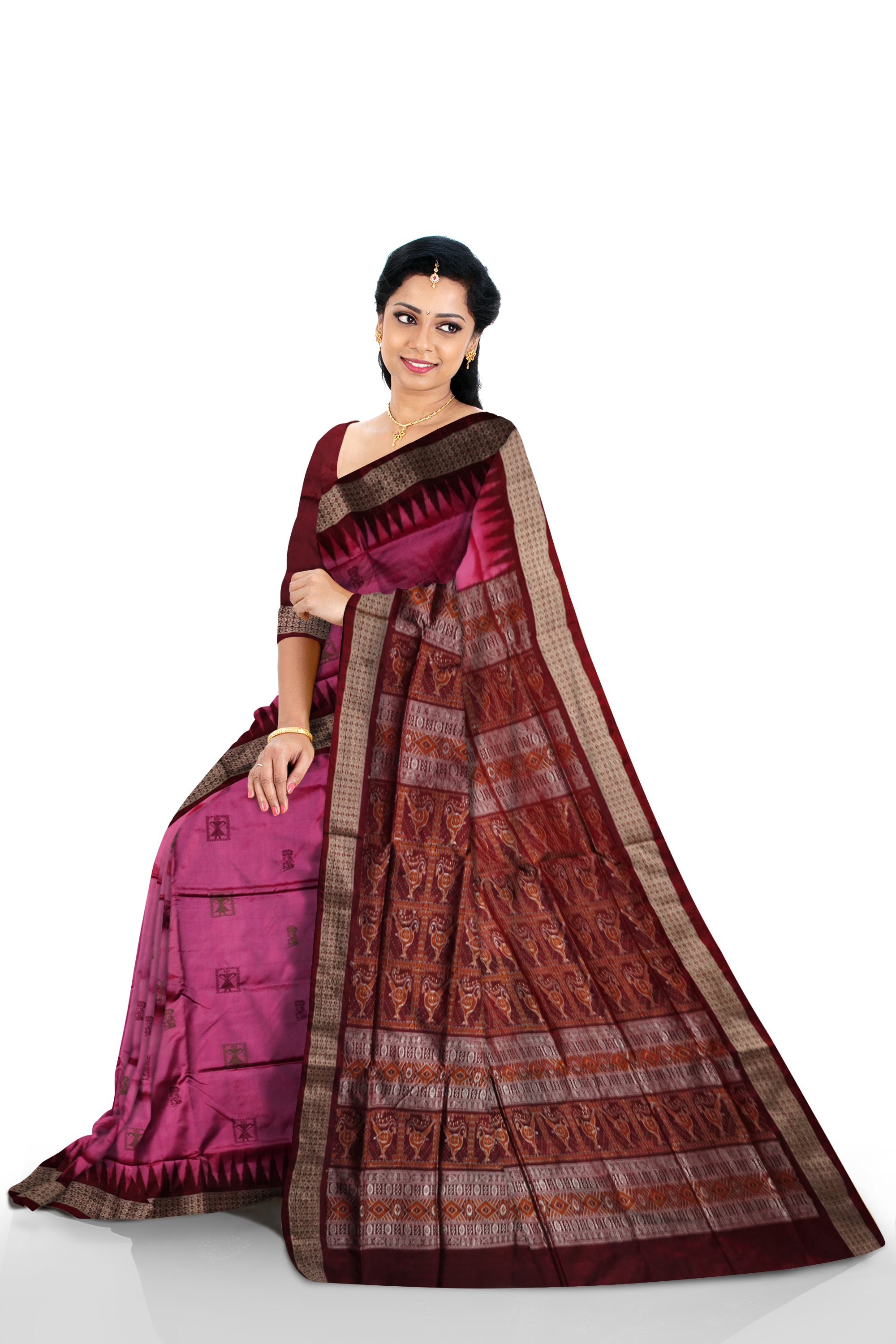 Pink and maroon color terracotta pattern pata saree. - Koshali Arts & Crafts Enterprise