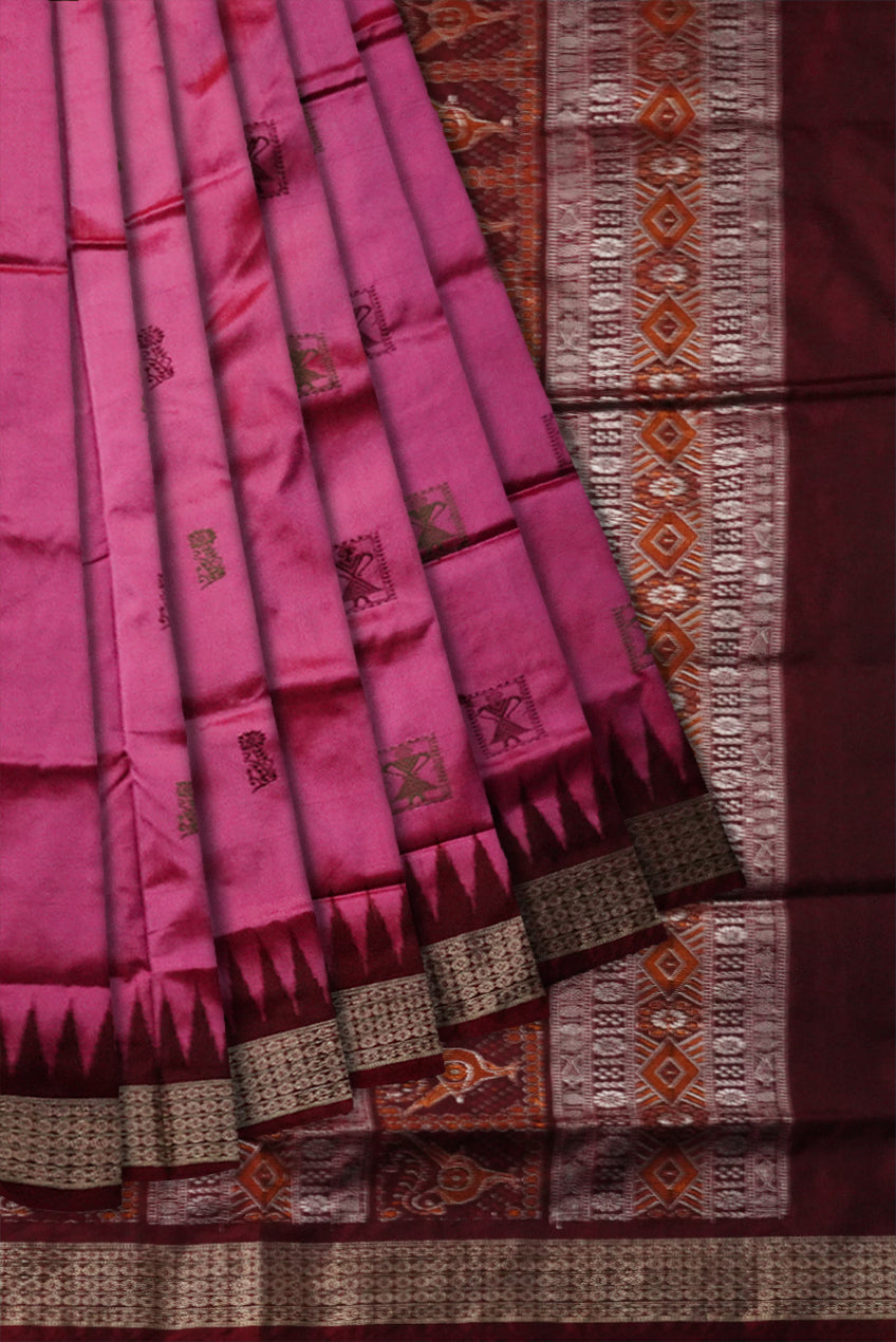 Pink and maroon color terracotta pattern pata saree. - Koshali Arts & Crafts Enterprise