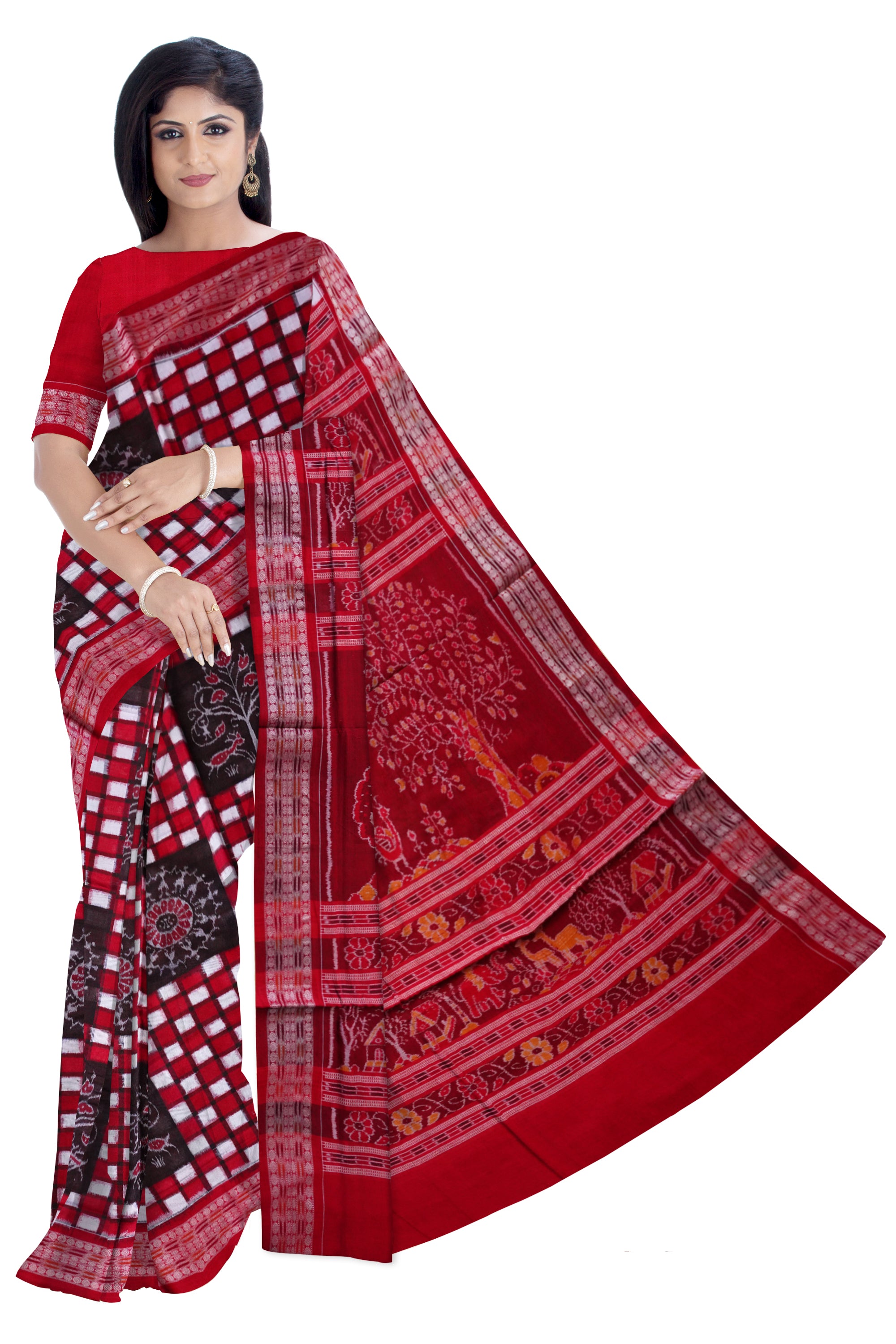Traditional Pasapali with village pattern pure cotton saree is red color. - Koshali Arts & Crafts Enterprise