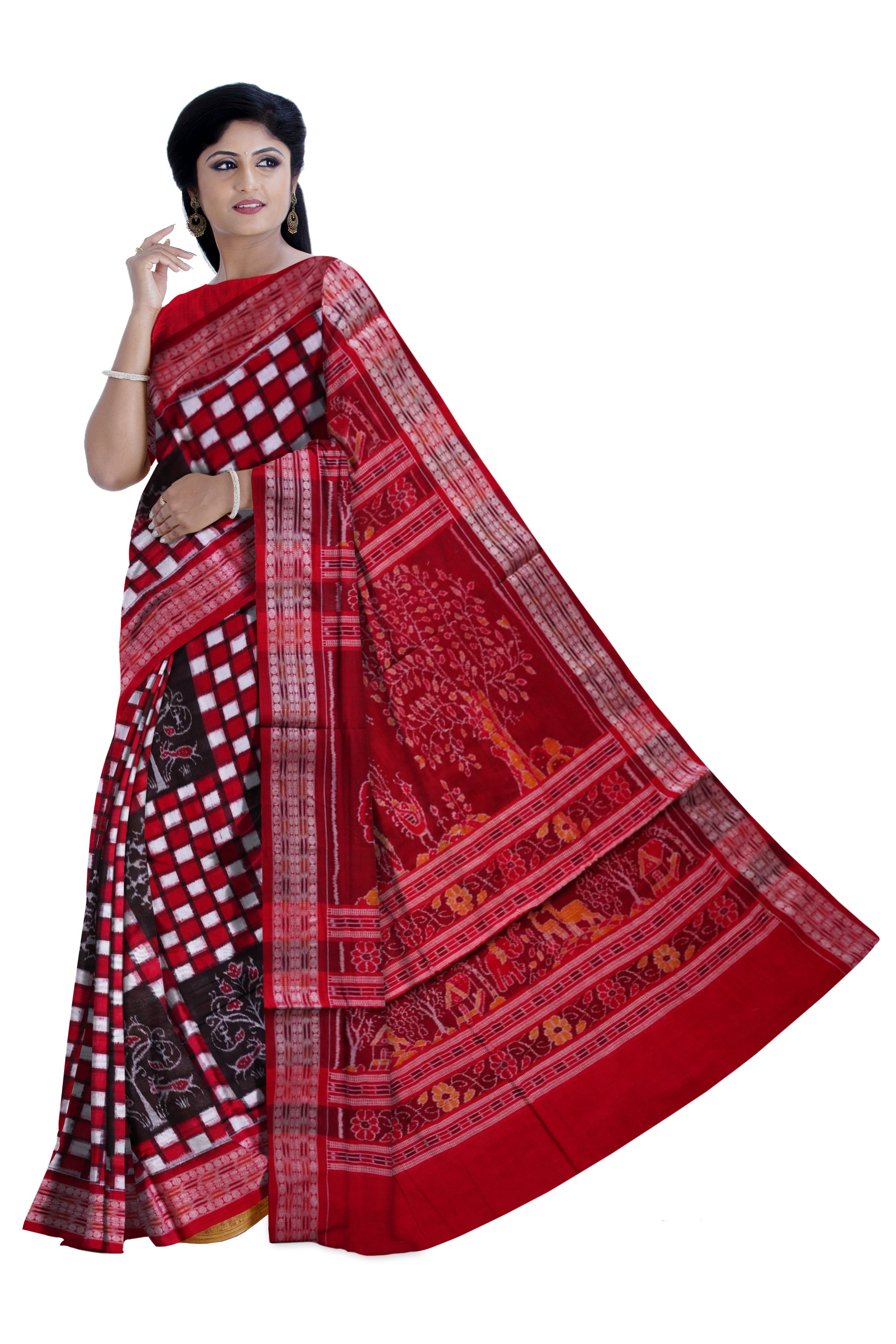 Traditional Pasapali with village pattern pure cotton saree is red color. - Koshali Arts & Crafts Enterprise