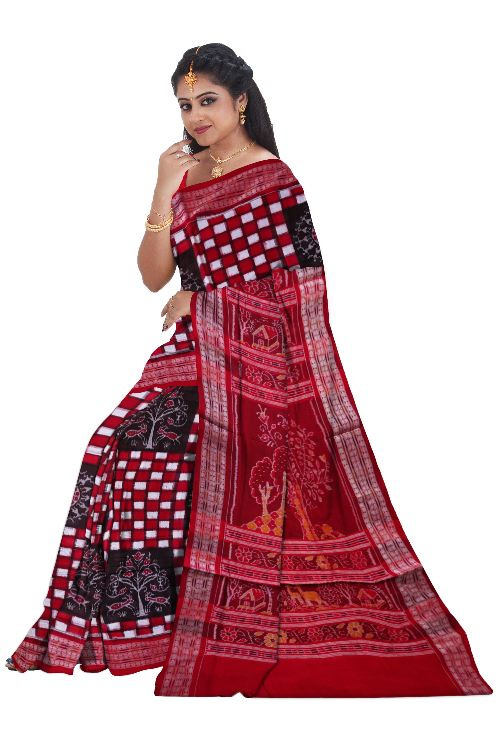Traditional Pasapali with village pattern pure cotton saree is red color. - Koshali Arts & Crafts Enterprise