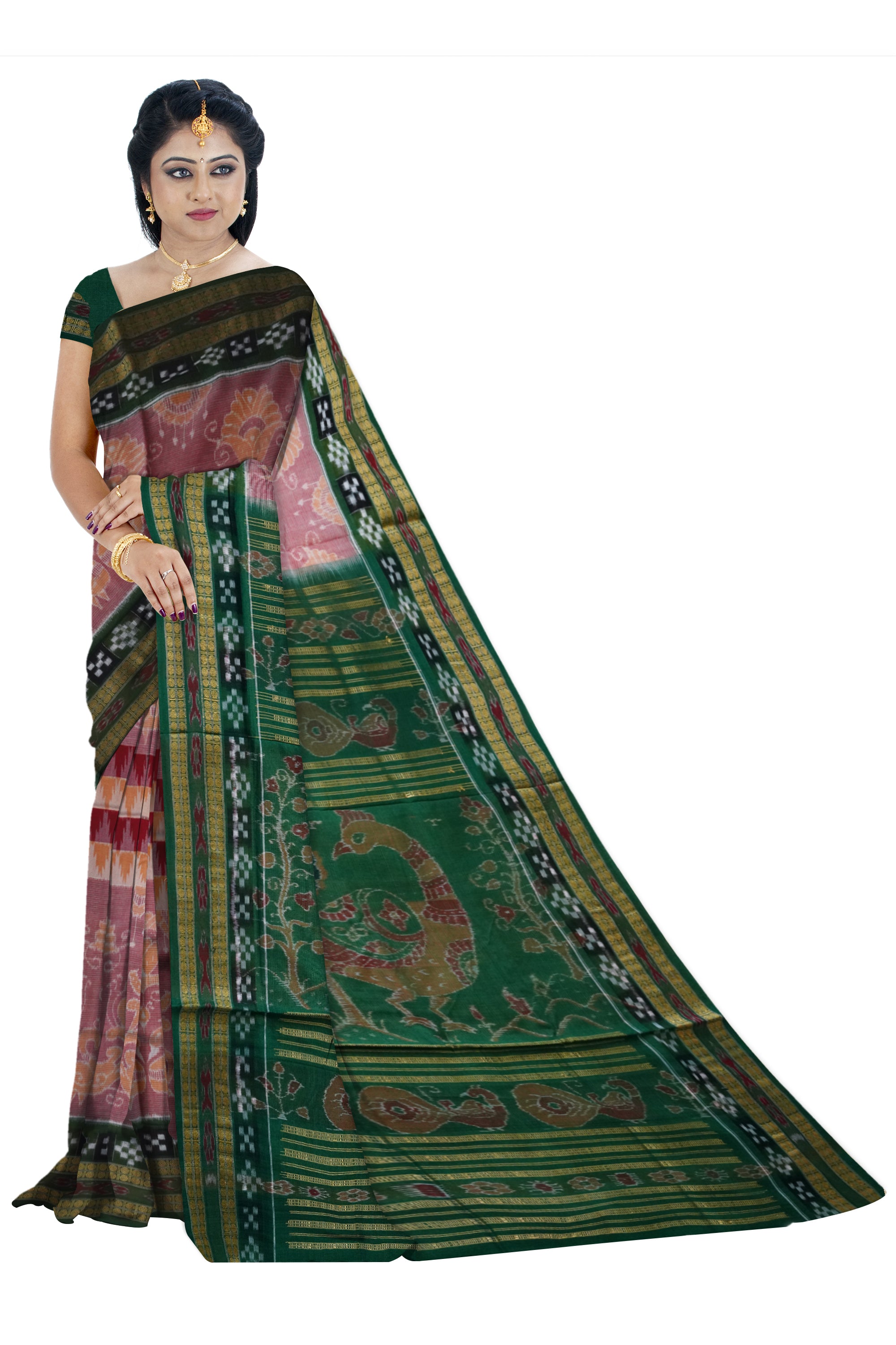 Peacock with pasapali pattern pure cotton saree is baby pink and green color base. - Koshali Arts & Crafts Enterprise