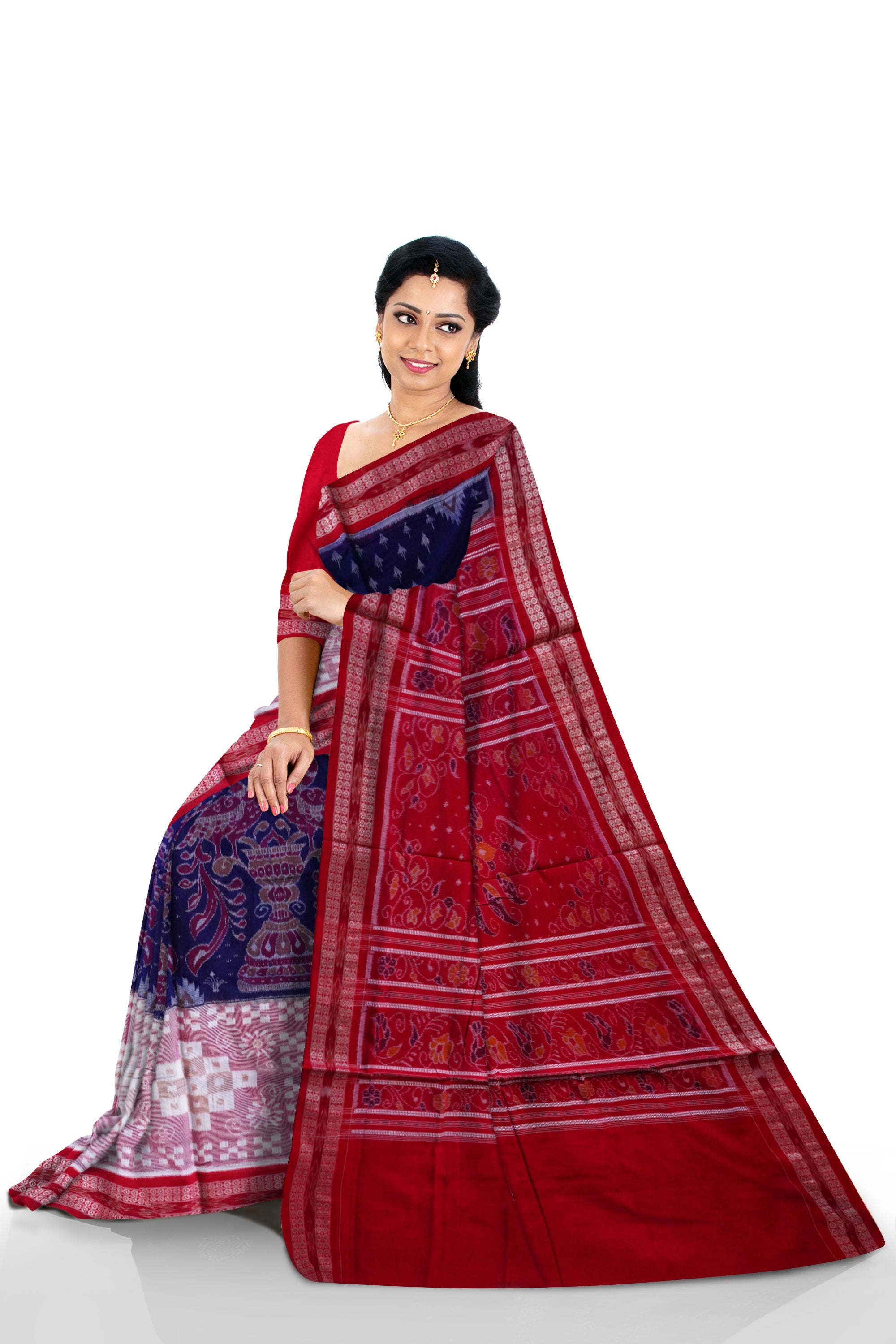 Beautiful peacock with pasapali pattern blue and red color pure cotton saree. - Koshali Arts & Crafts Enterprise