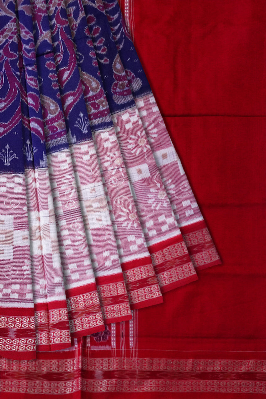 Beautiful peacock with pasapali pattern blue and red color pure cotton saree. - Koshali Arts & Crafts Enterprise