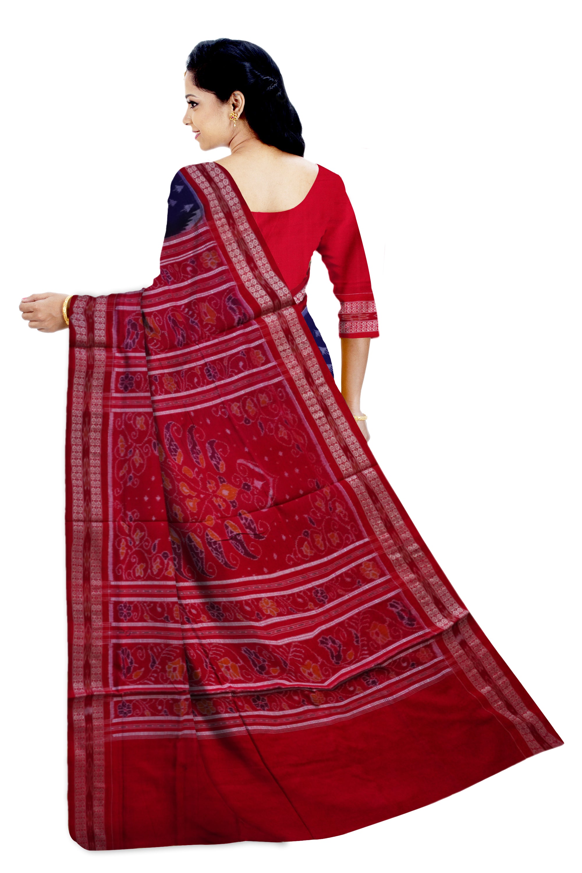 Beautiful peacock with pasapali pattern blue and red color pure cotton saree. - Koshali Arts & Crafts Enterprise
