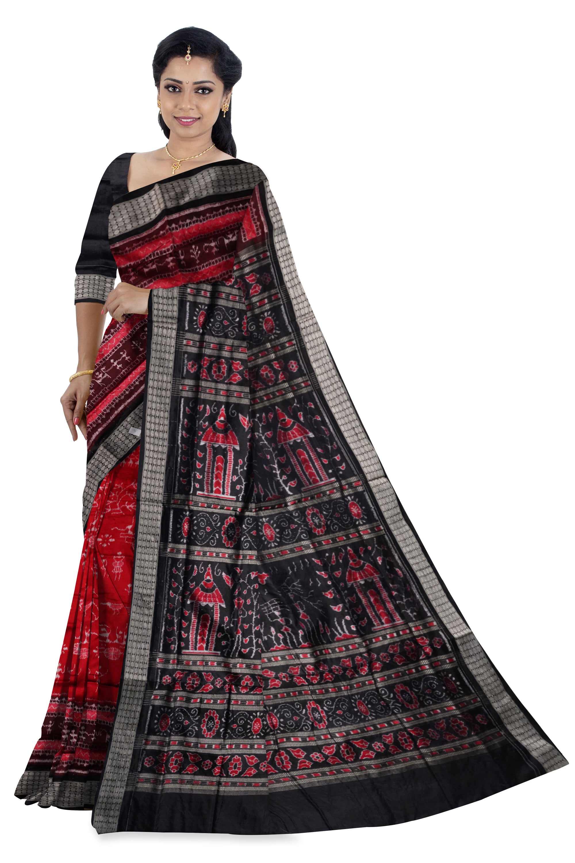 Red and black color terracotta pattern pure silk saree. - Koshali Arts & Crafts Enterprise