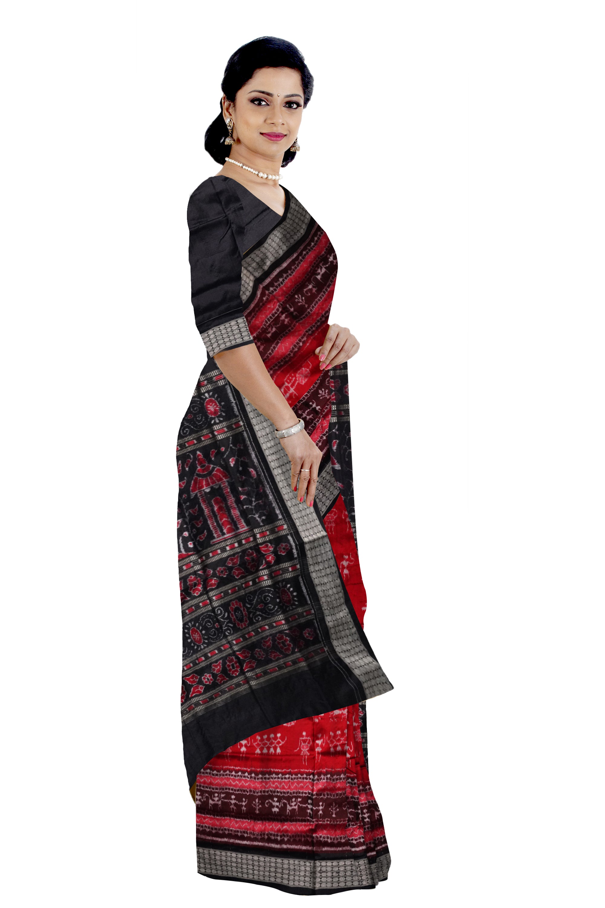 Red and black color terracotta pattern pure silk saree. - Koshali Arts & Crafts Enterprise