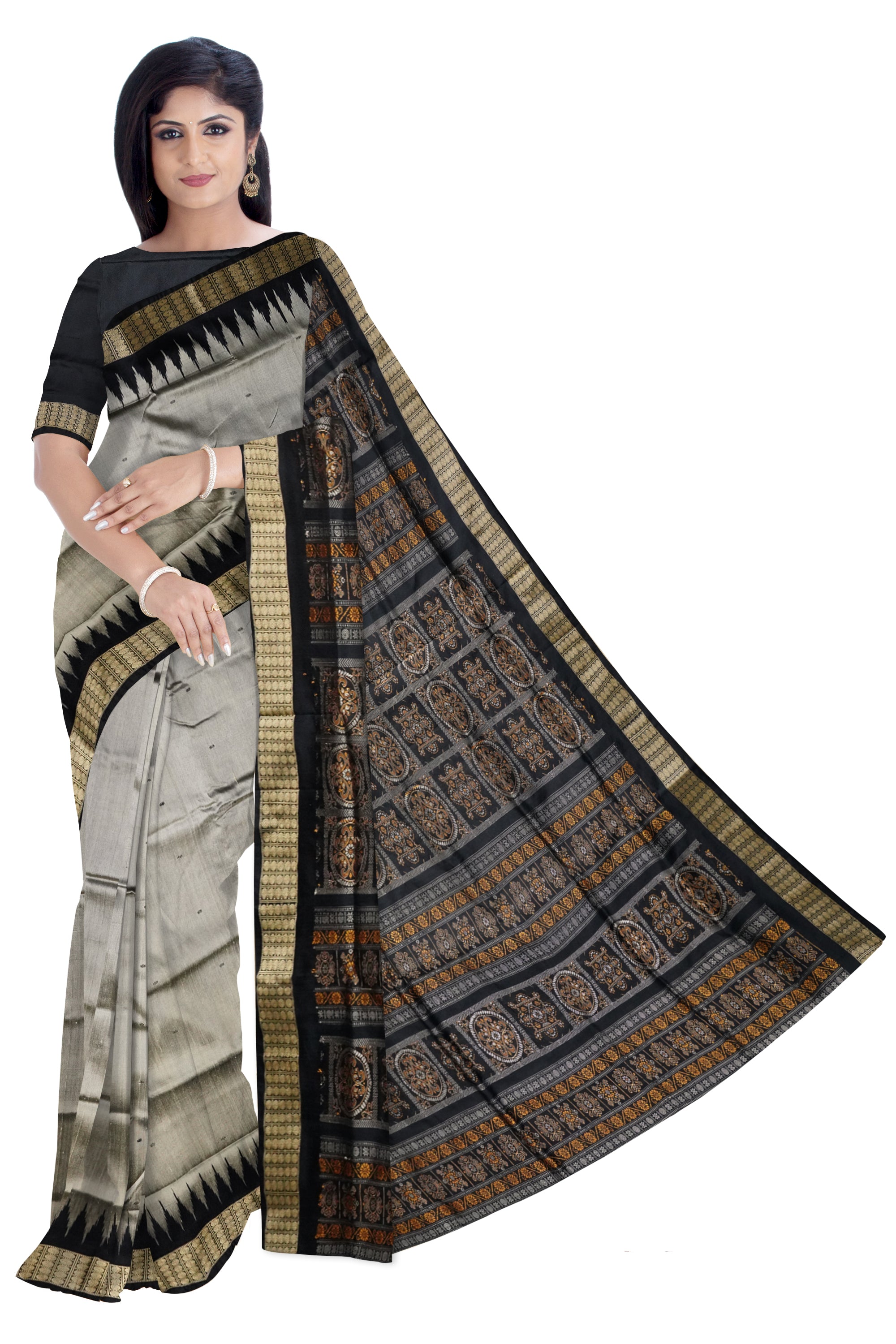Silver-coffee & black color plain Pata saree. - Koshali Arts & Crafts Enterprise