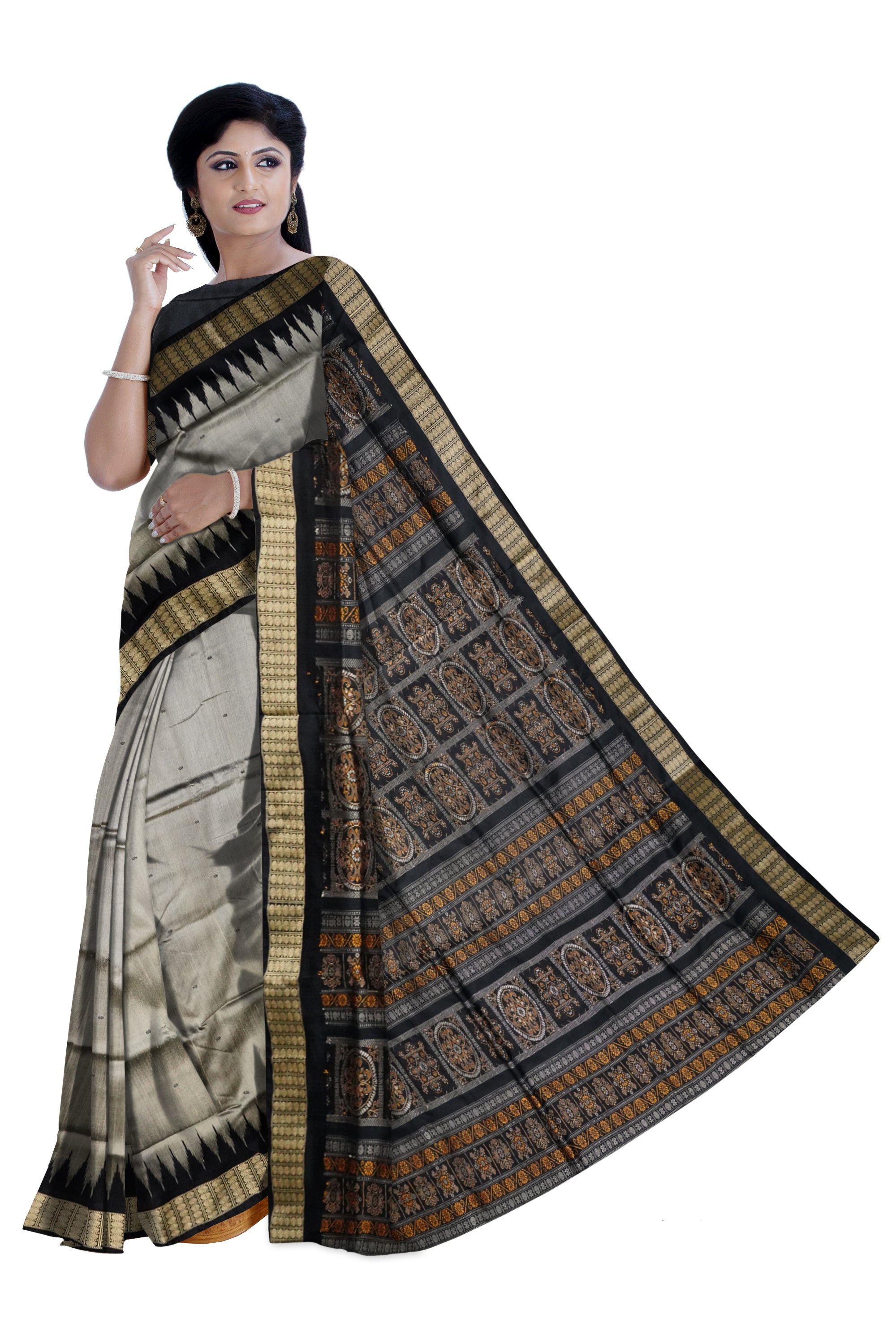 Silver-coffee & black color plain Pata saree. - Koshali Arts & Crafts Enterprise