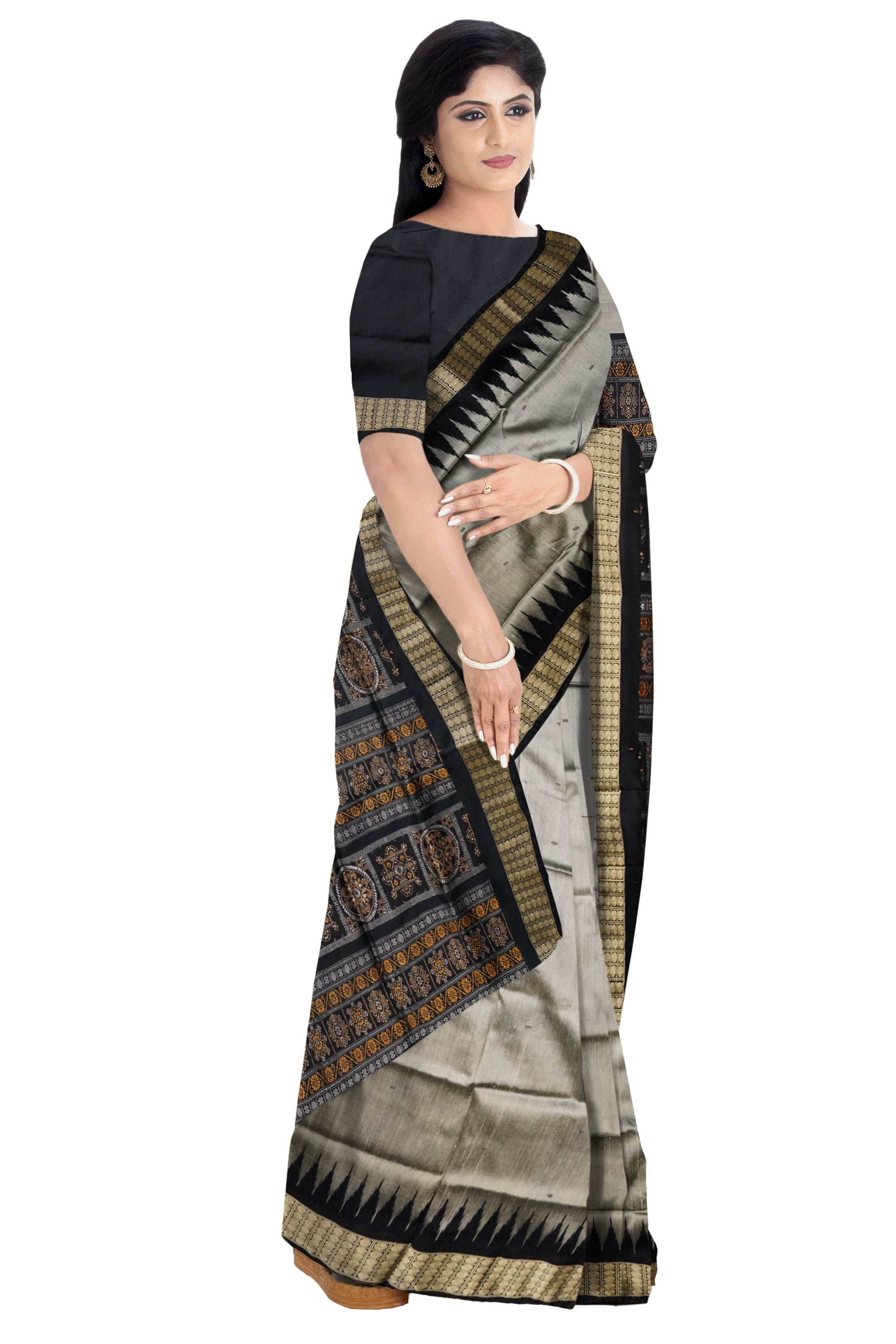 Silver-coffee & black color plain Pata saree. - Koshali Arts & Crafts Enterprise