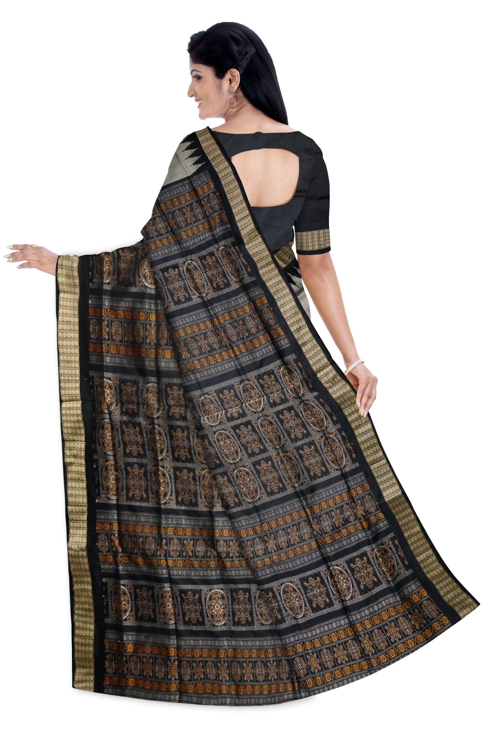 Silver-coffee & black color plain Pata saree. - Koshali Arts & Crafts Enterprise