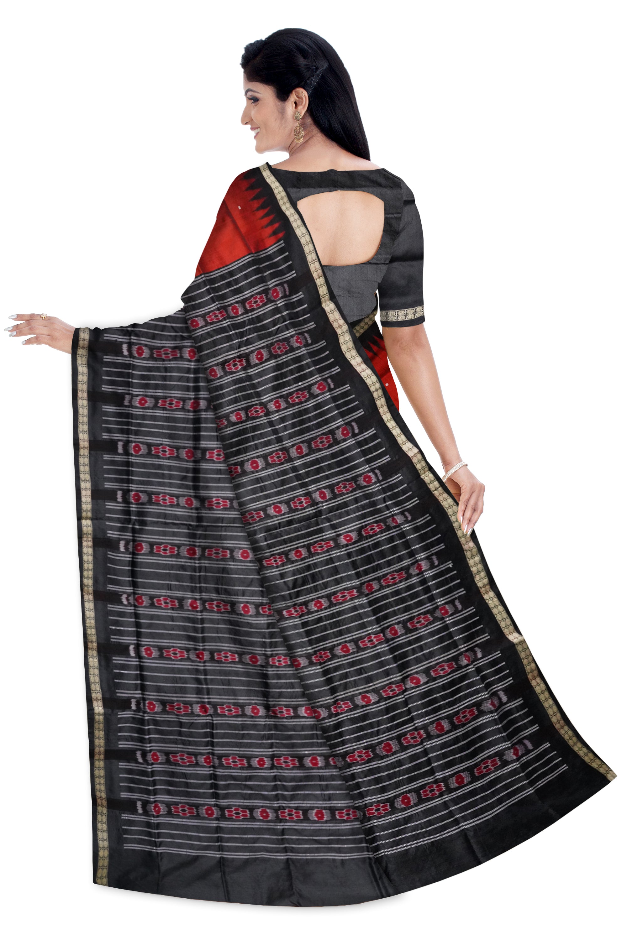 Small booty pattern plain pata saree is light maroon and black color . - Koshali Arts & Crafts Enterprise