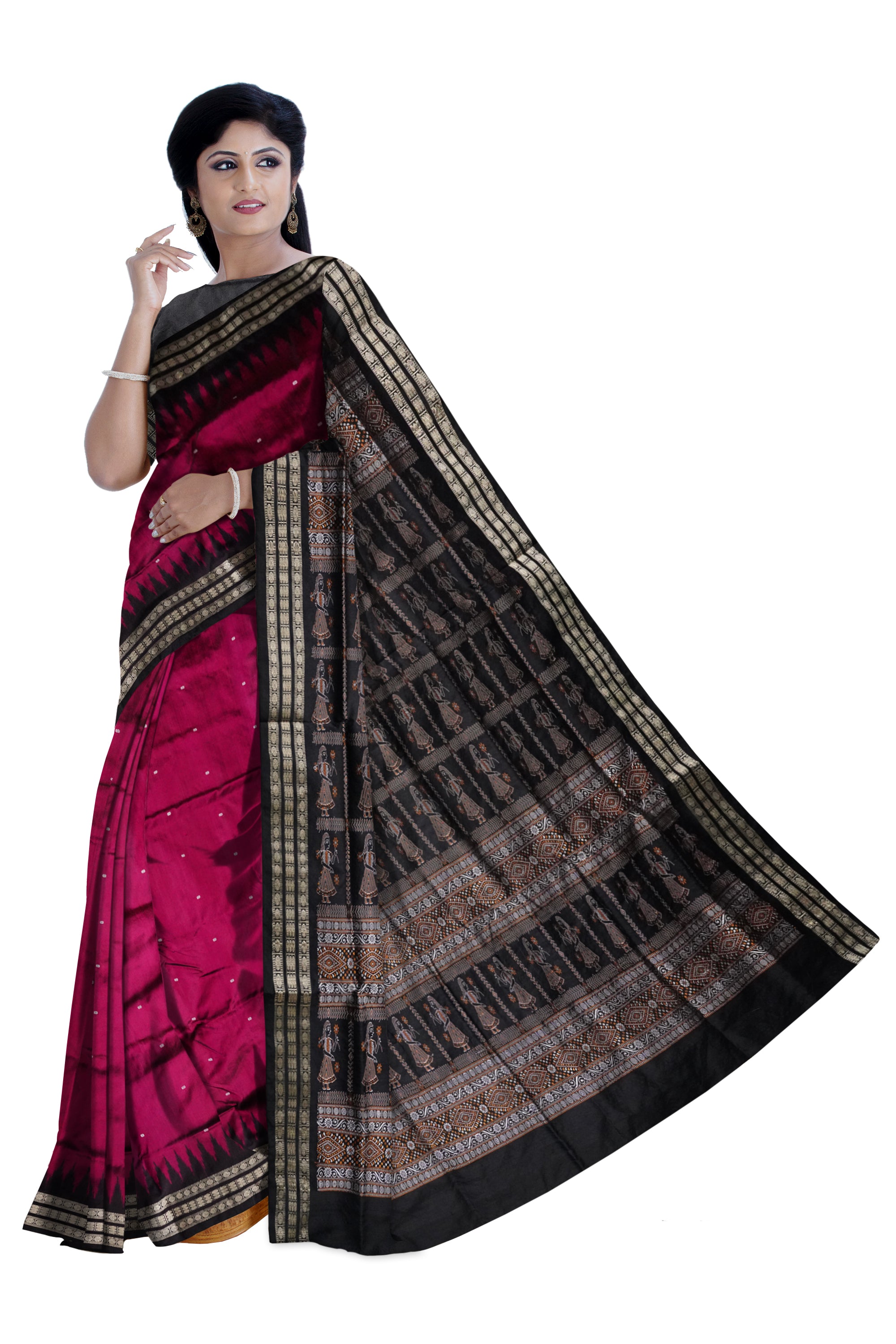 Pallu doll pattern plain pata saree is deep-pink and black color base. - Koshali Arts & Crafts Enterprise