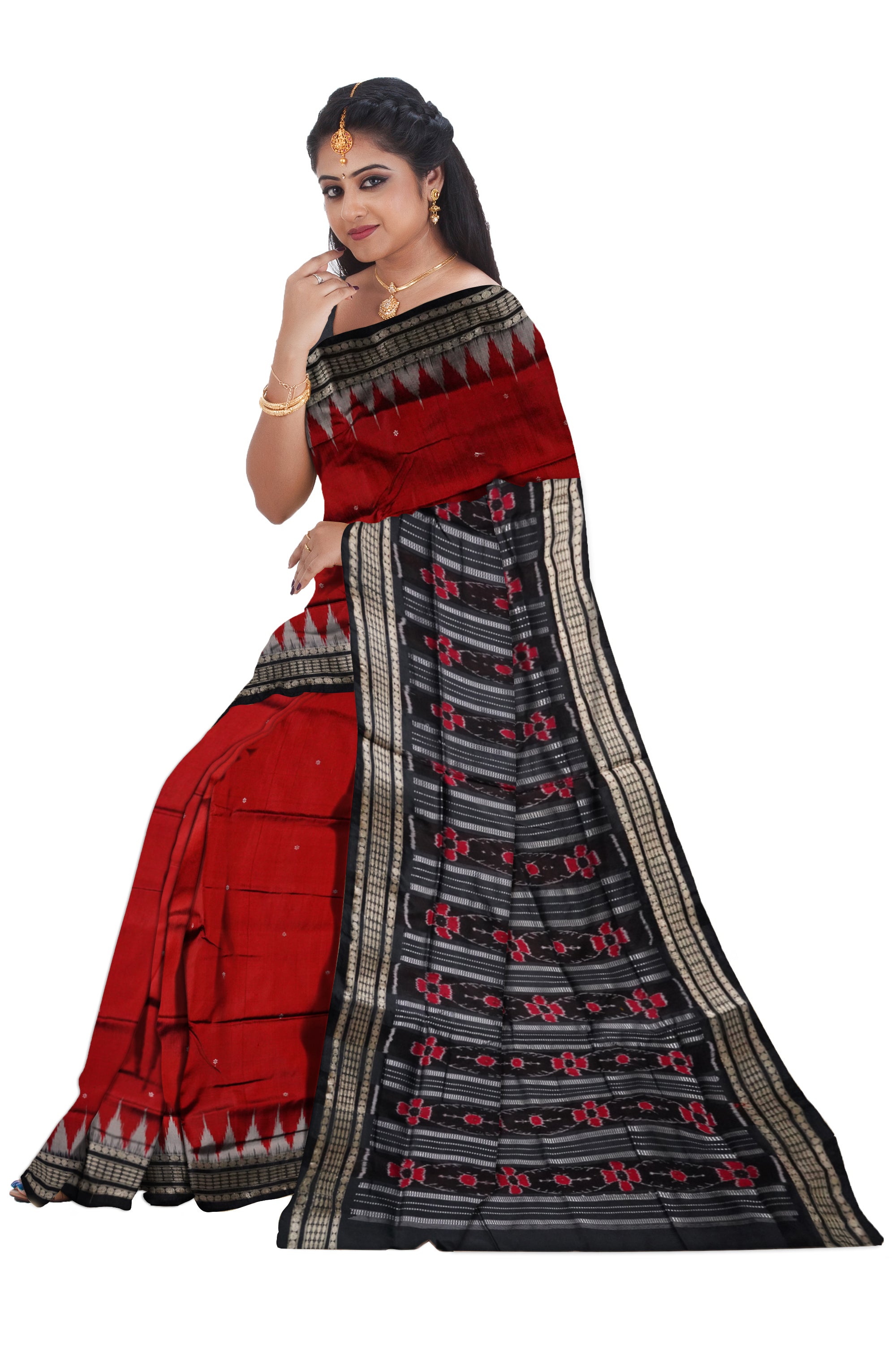 Maroon & black color small booty pattern plain pata saree. - Koshali Arts & Crafts Enterprise