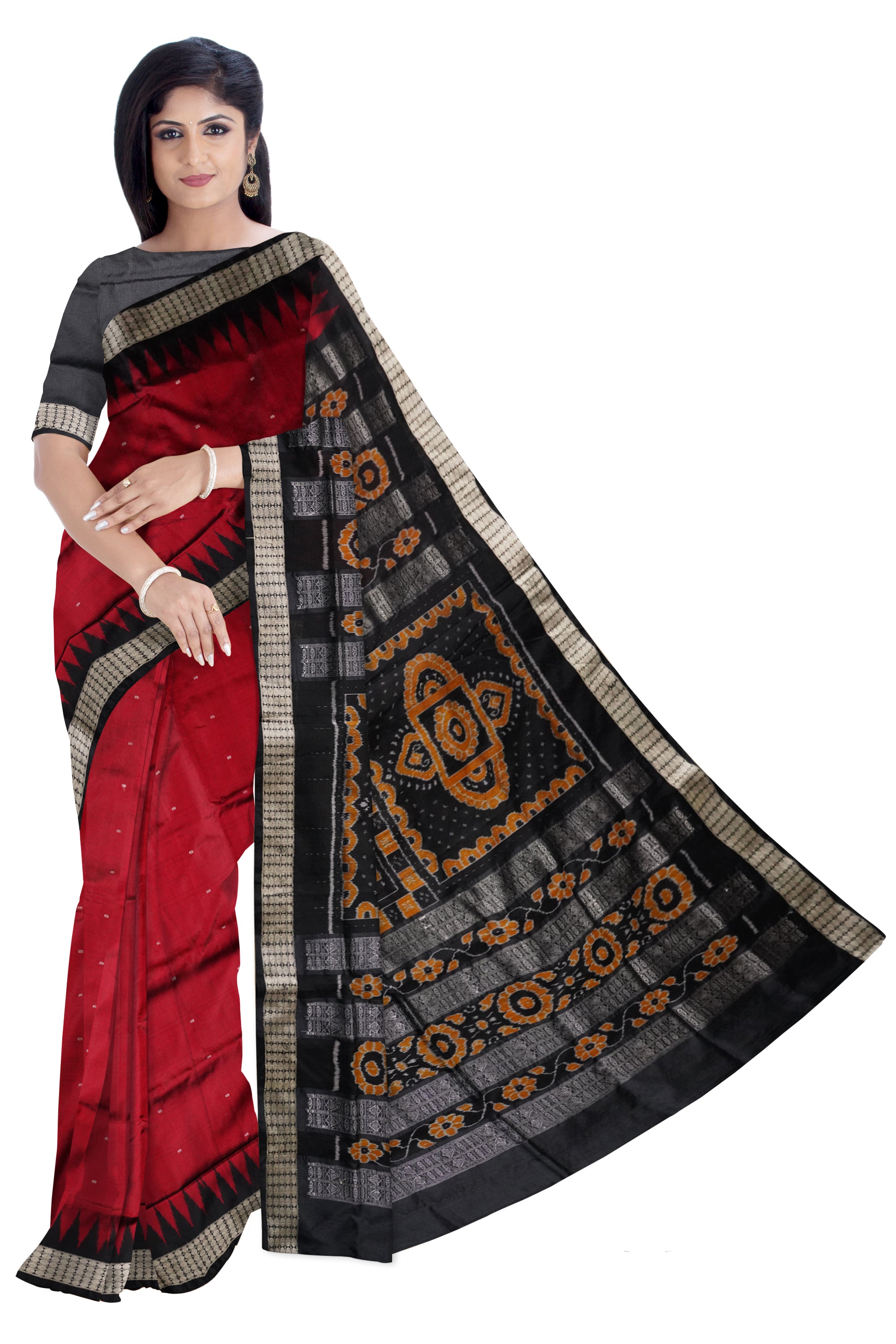 Maroon and black color plain pata saree with bandha pallu. - Koshali Arts & Crafts Enterprise