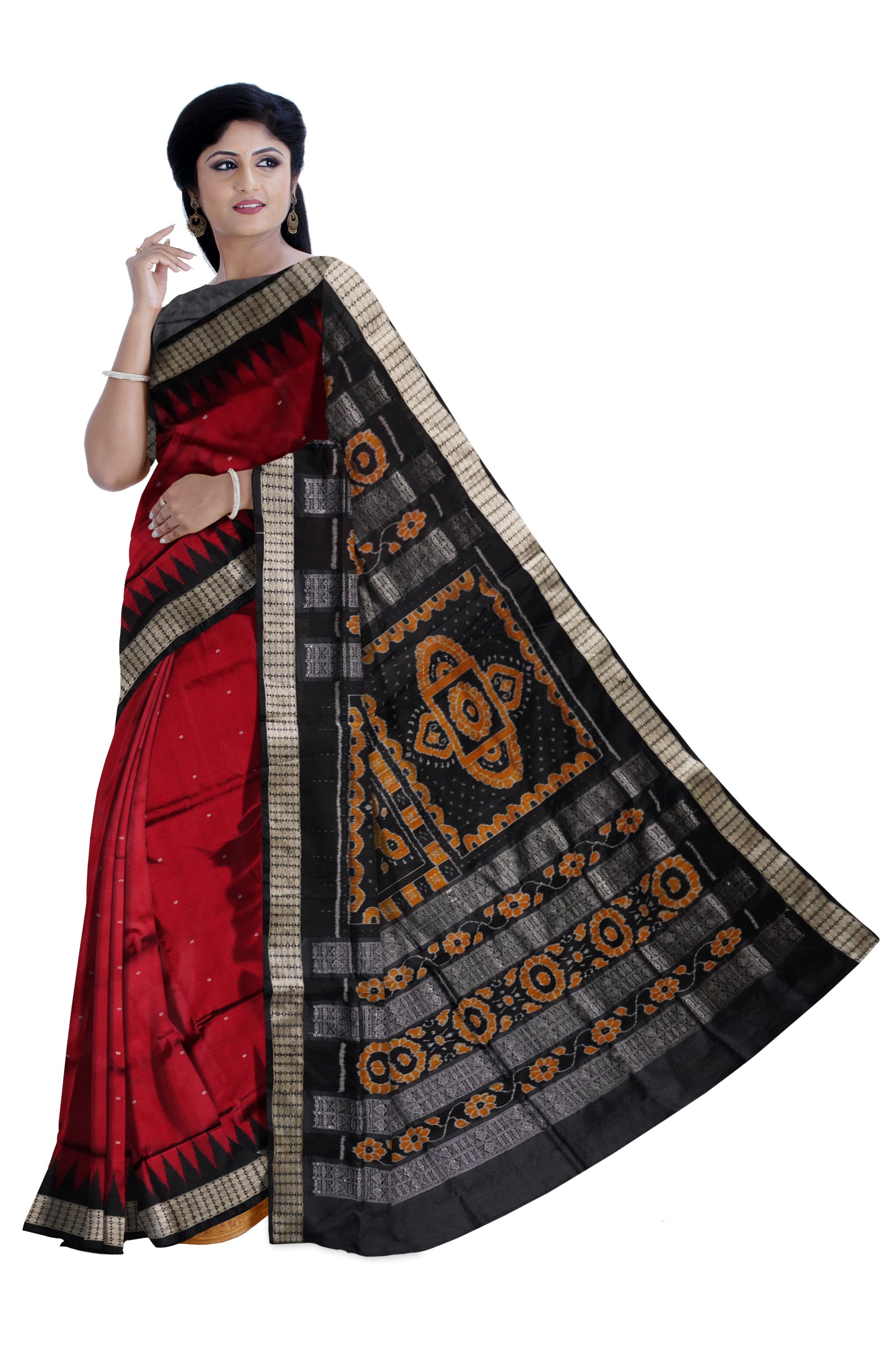 Maroon and black color plain pata saree with bandha pallu. - Koshali Arts & Crafts Enterprise