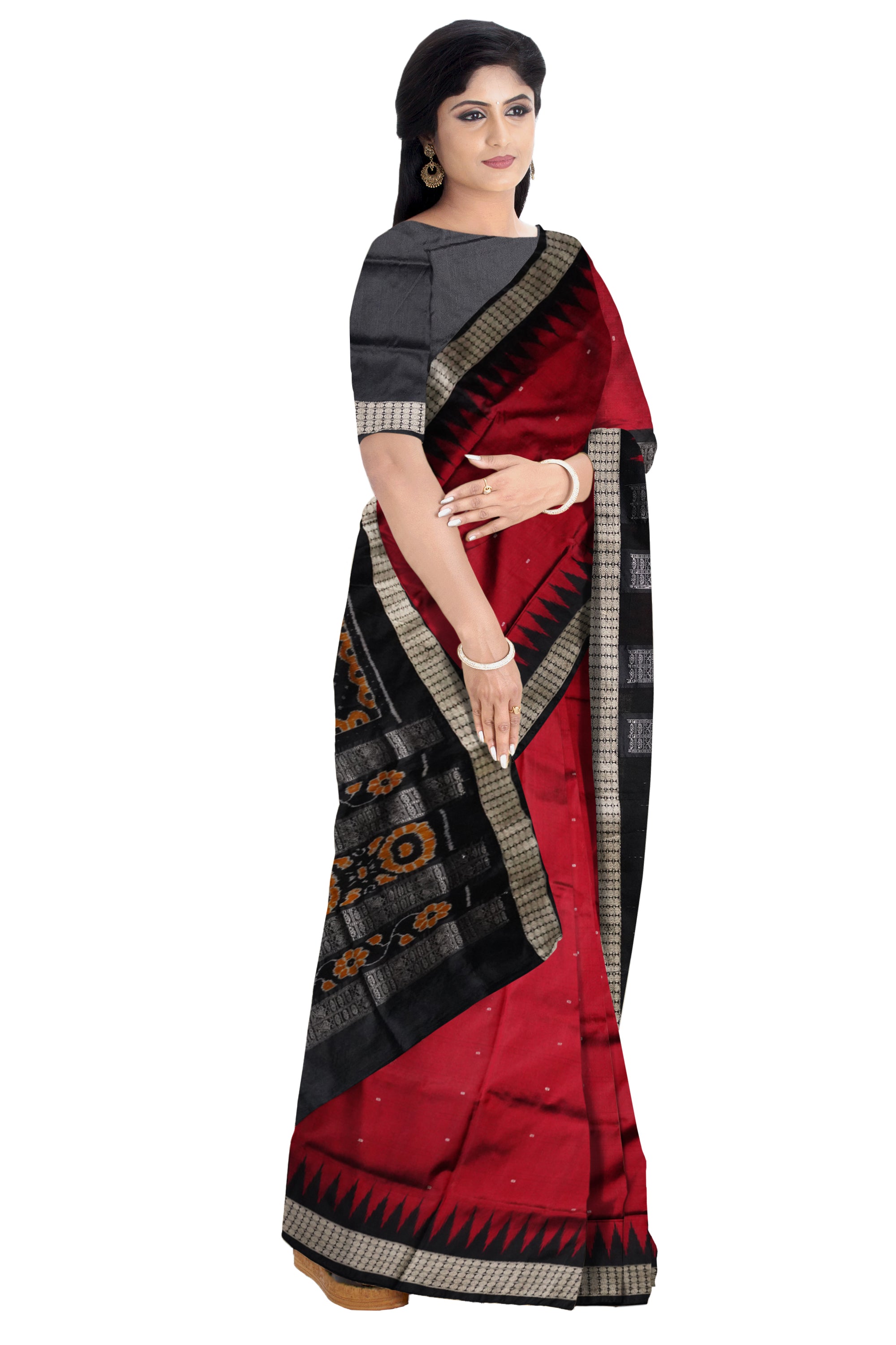 Maroon and black color plain pata saree with bandha pallu. - Koshali Arts & Crafts Enterprise