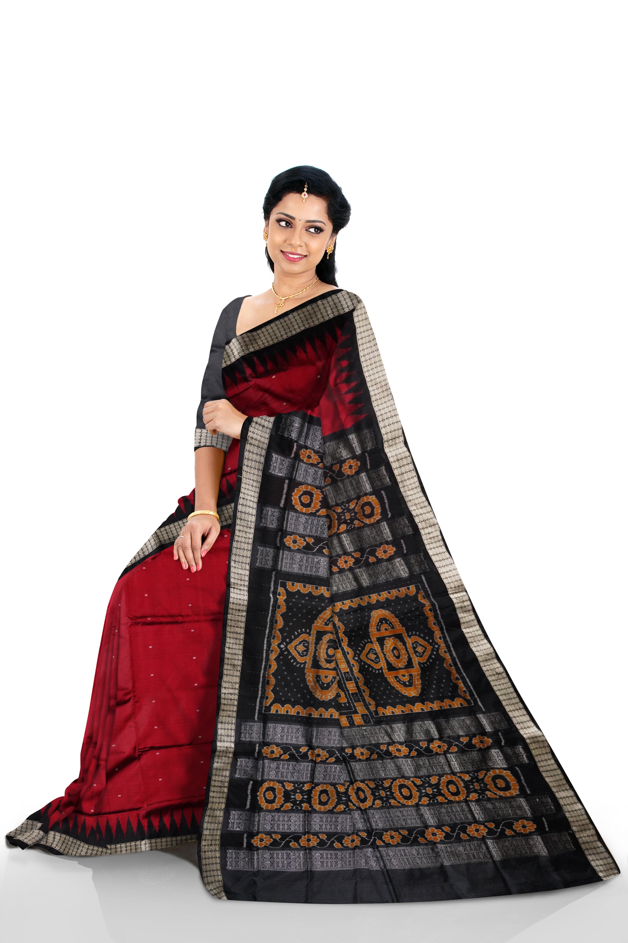 Maroon and black color plain pata saree with bandha pallu. - Koshali Arts & Crafts Enterprise