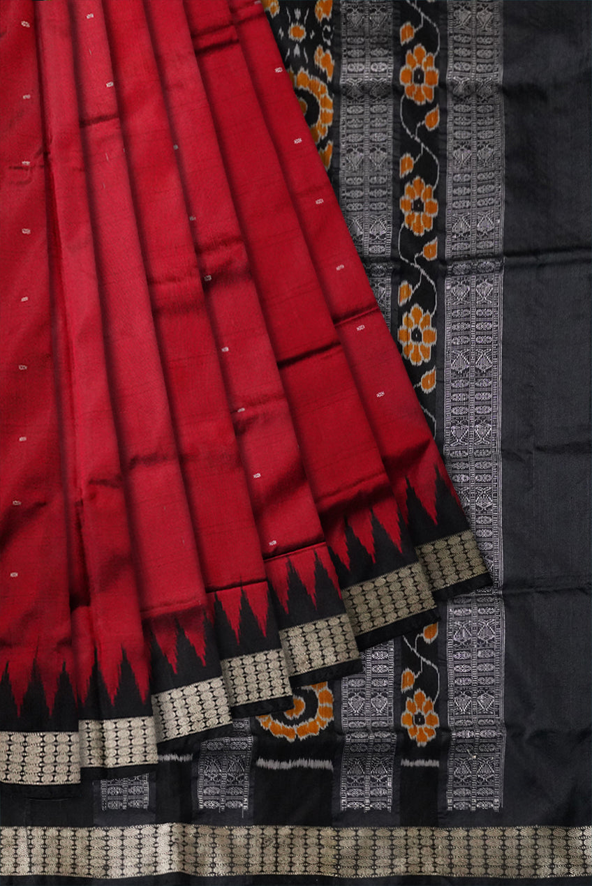 Maroon and black color plain pata saree with bandha pallu. - Koshali Arts & Crafts Enterprise