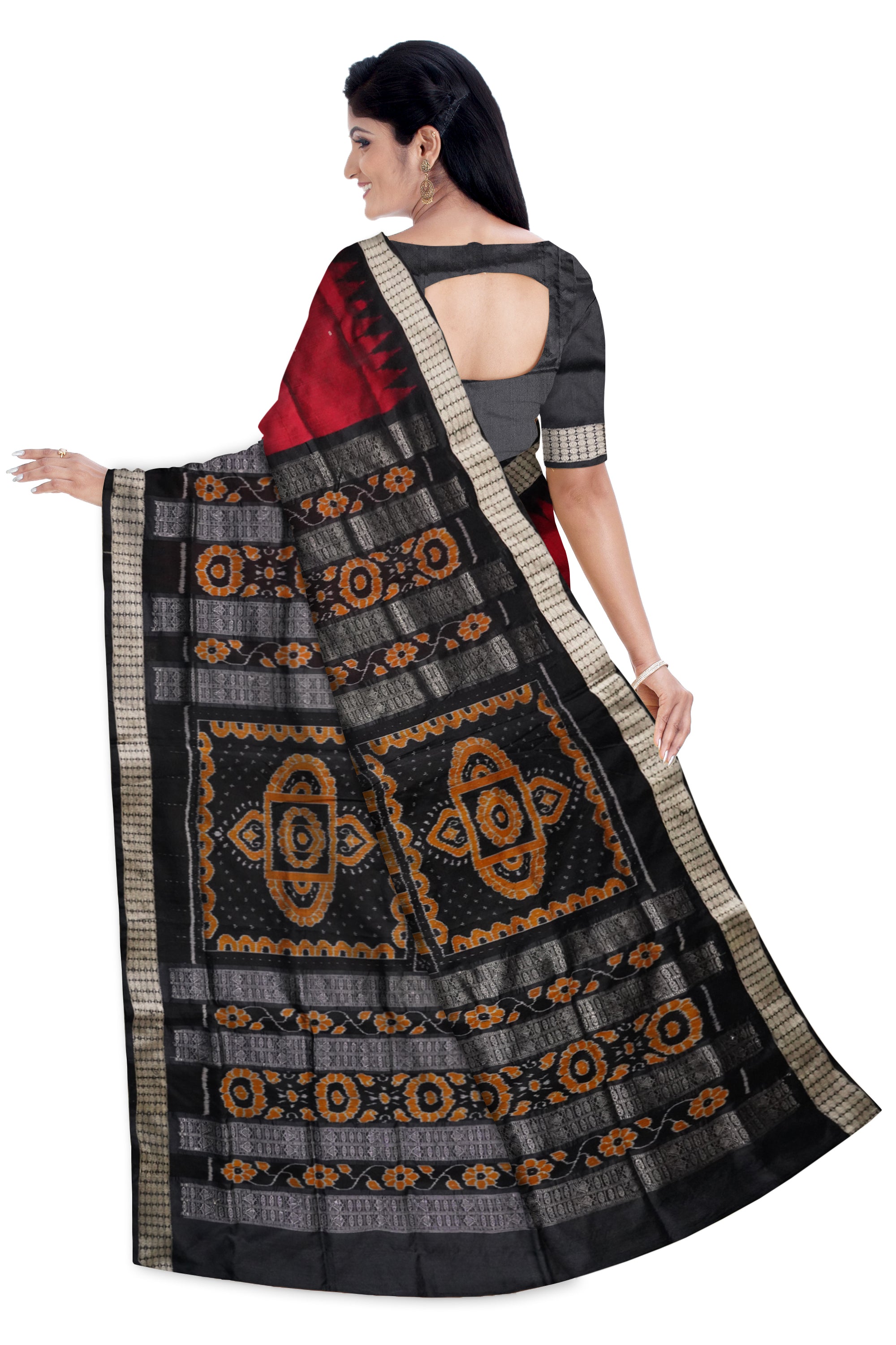 Maroon and black color plain pata saree with bandha pallu. - Koshali Arts & Crafts Enterprise