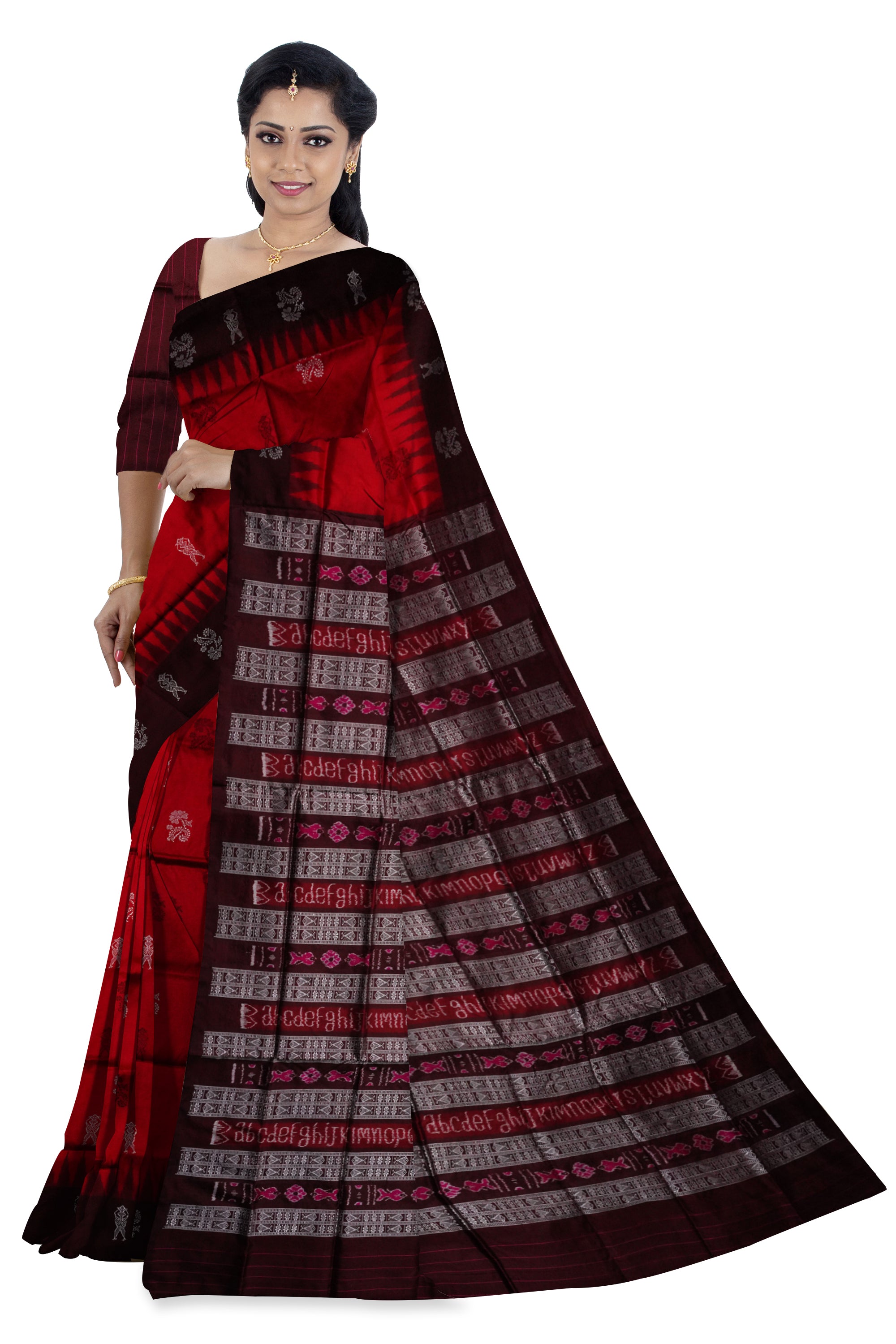 Maroon & coffee color plain border with small terracotta pattern pure silk saree. - Koshali Arts & Crafts Enterprise