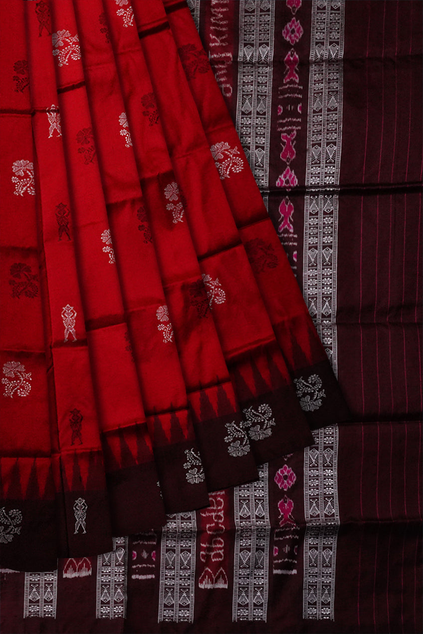 Maroon & coffee color plain border with small terracotta pattern pure silk saree. - Koshali Arts & Crafts Enterprise