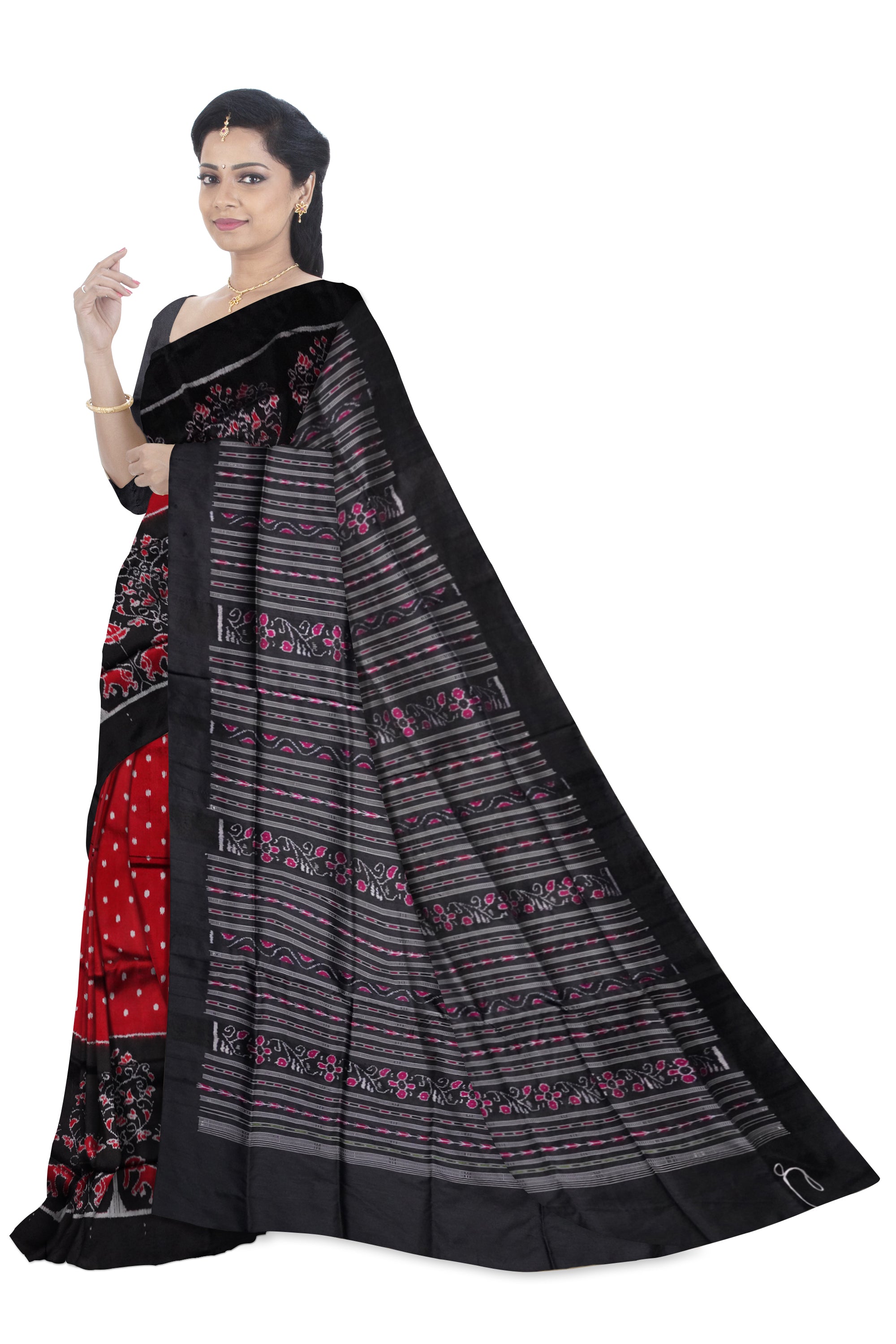 Traditional tree with elephant pattern pata saree is maroon & black color. - Koshali Arts & Crafts Enterprise