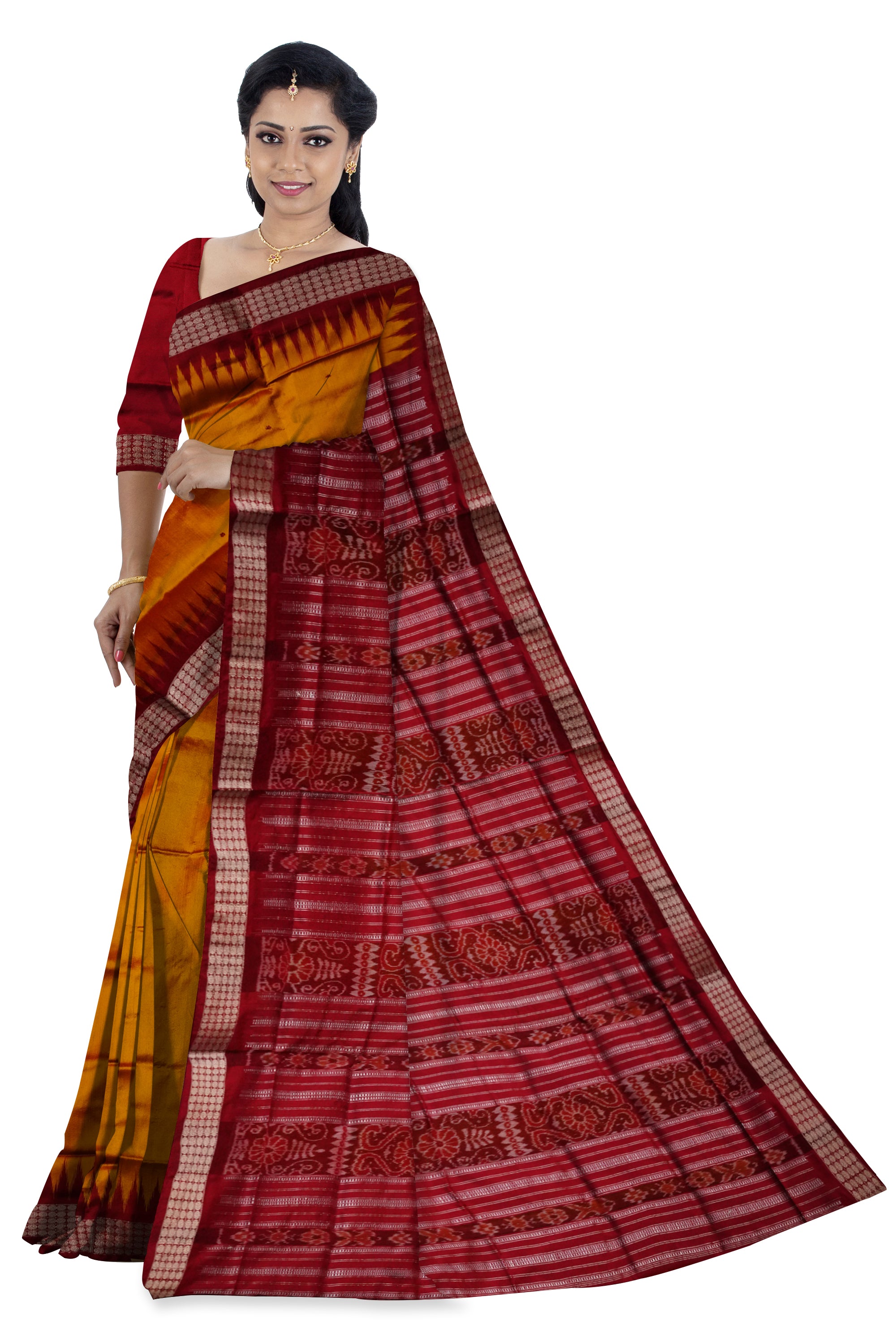 Yellow and maroon color small booty pattern plain pata saree. - Koshali Arts & Crafts Enterprise