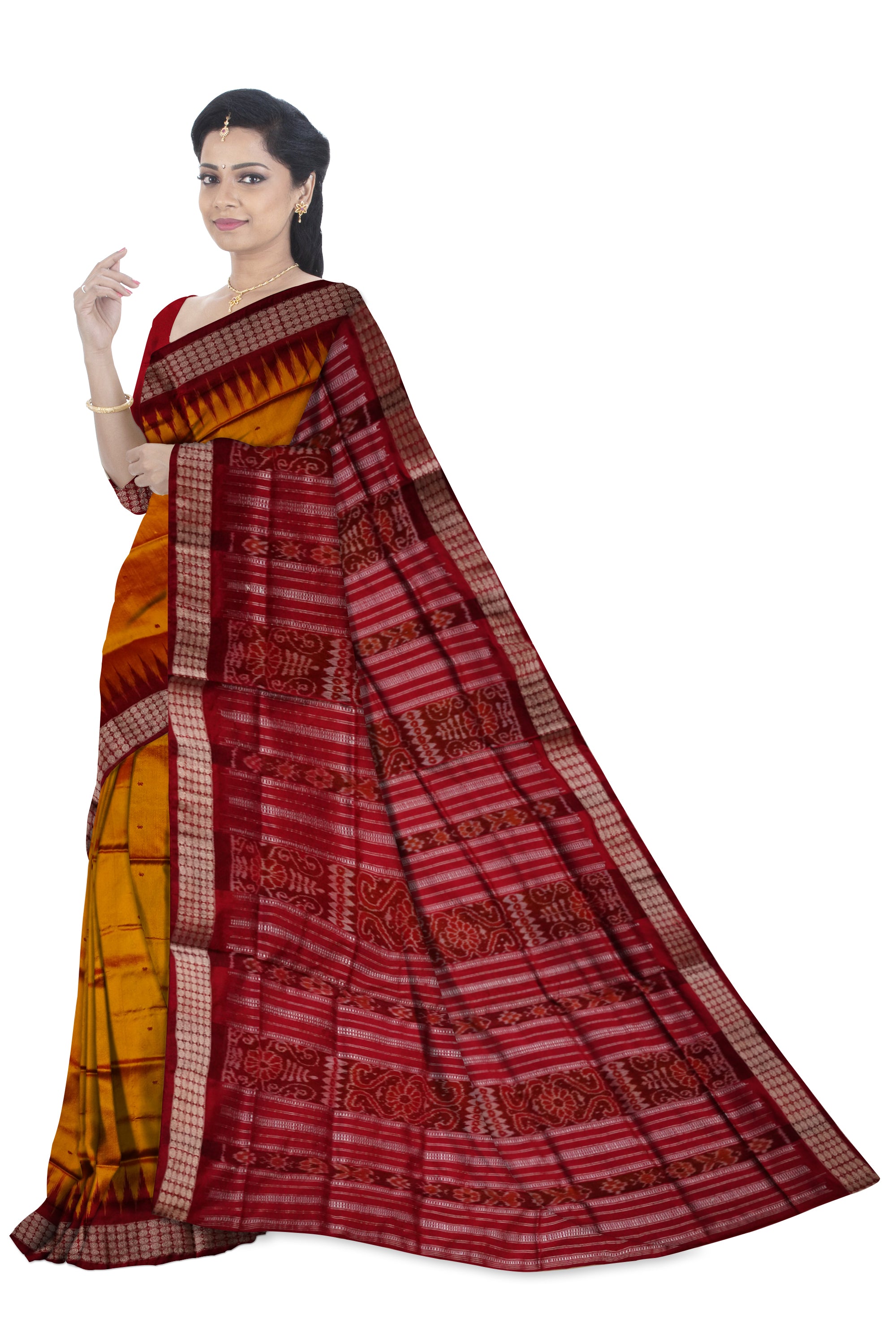 Yellow and maroon color small booty pattern plain pata saree. - Koshali Arts & Crafts Enterprise