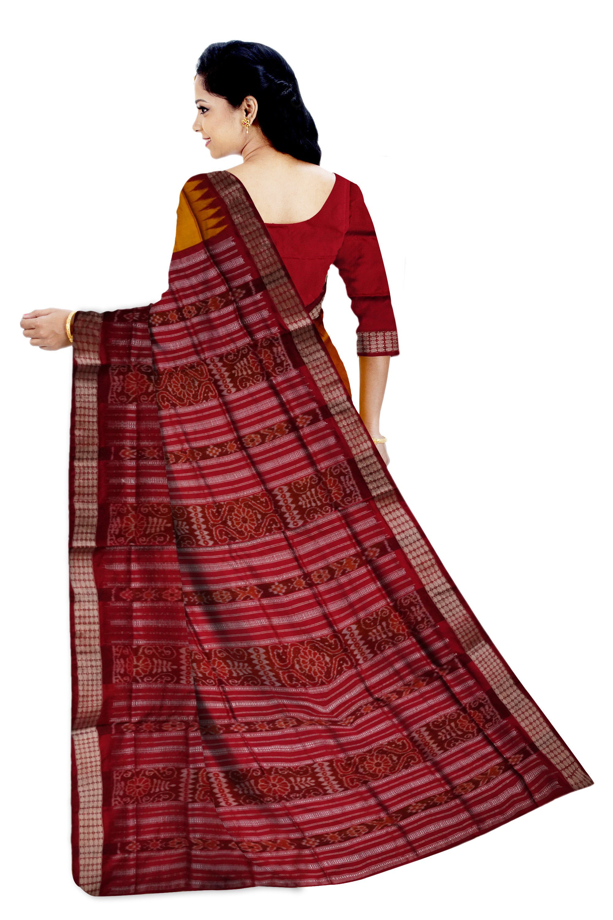 Yellow and maroon color small booty pattern plain pata saree. - Koshali Arts & Crafts Enterprise