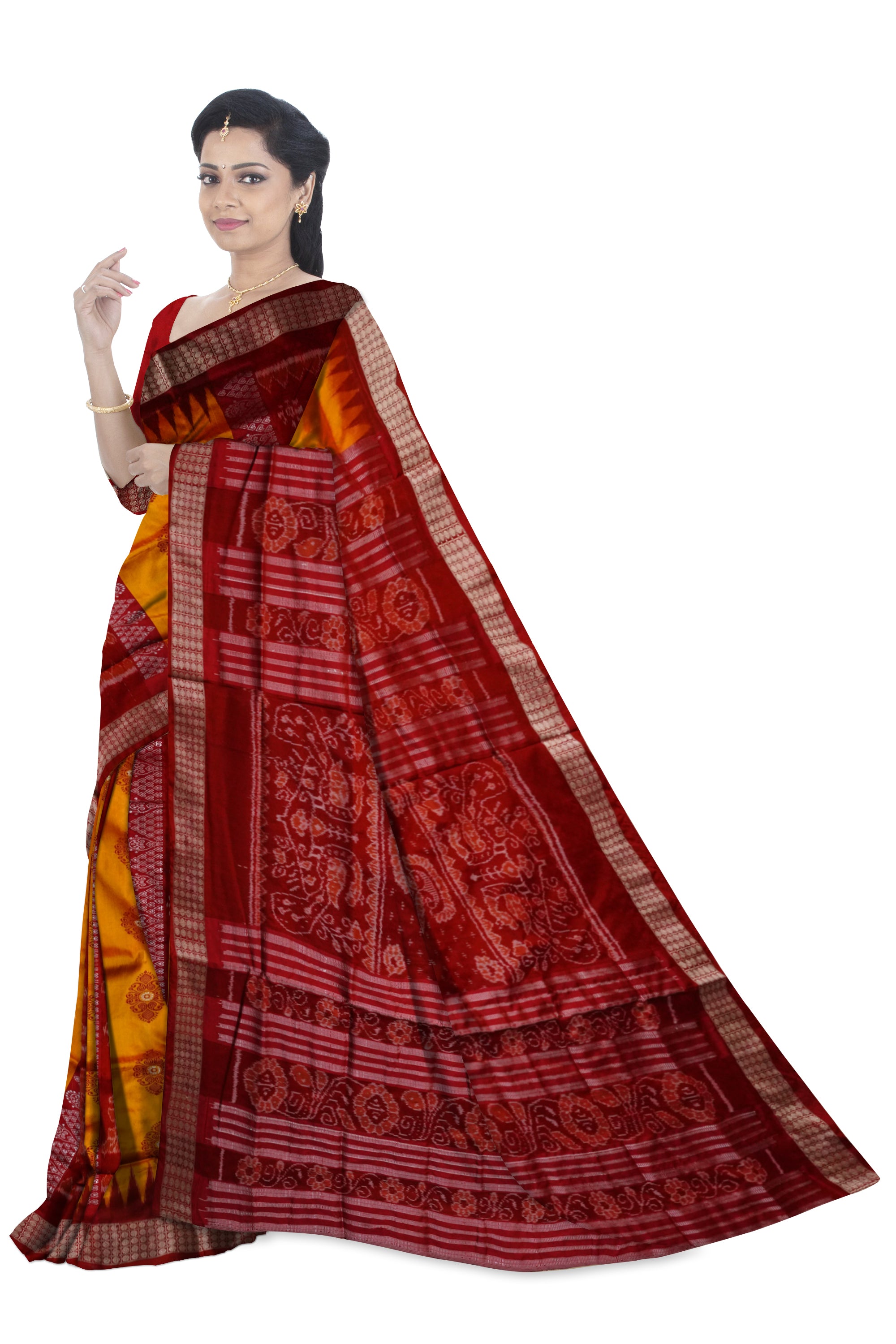 Yellow and maroon color lion with tree pattern bomkei pata saree. - Koshali Arts & Crafts Enterprise