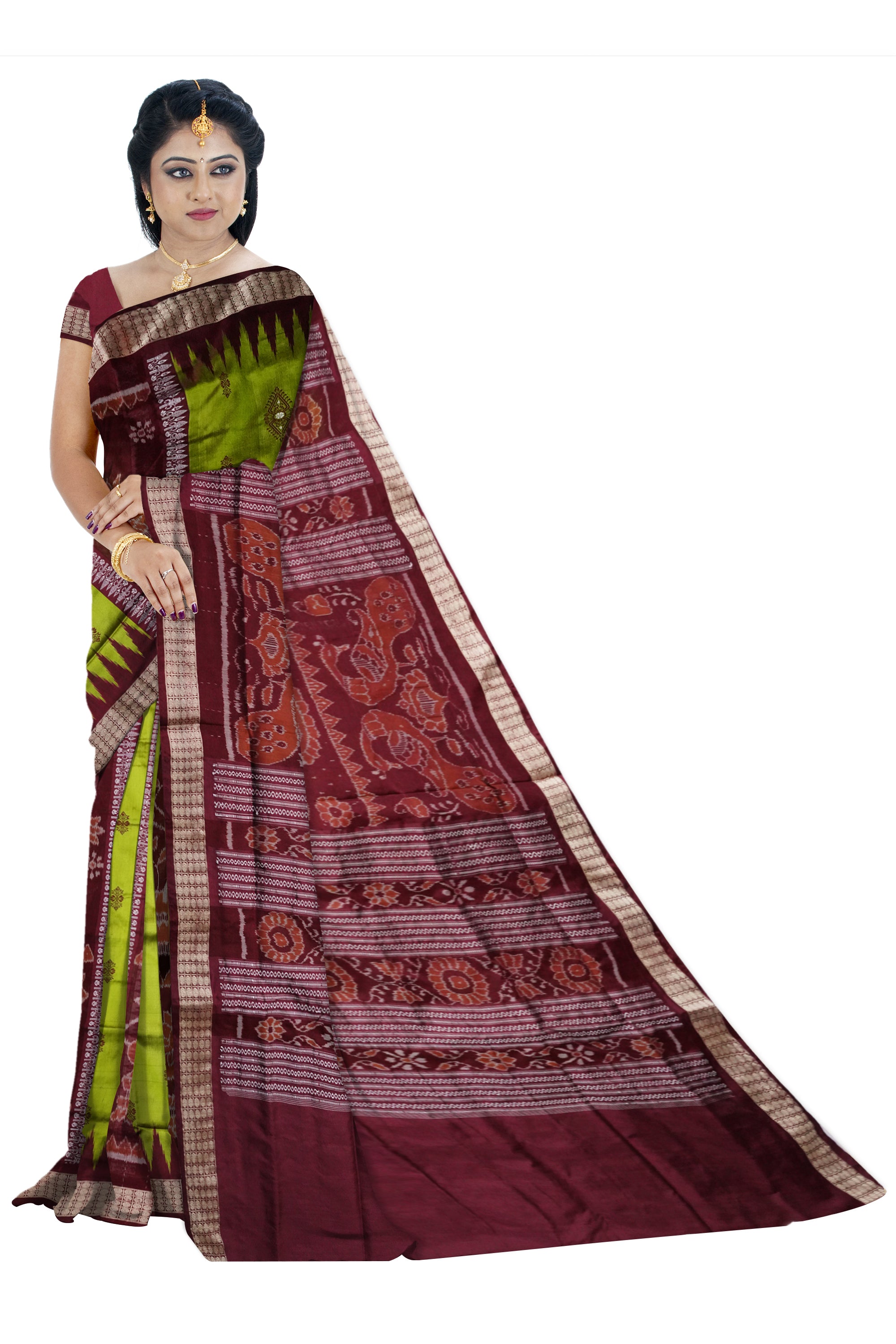 Light green and coffee color lion with tree pattern bomkei pata saree. - Koshali Arts & Crafts Enterprise