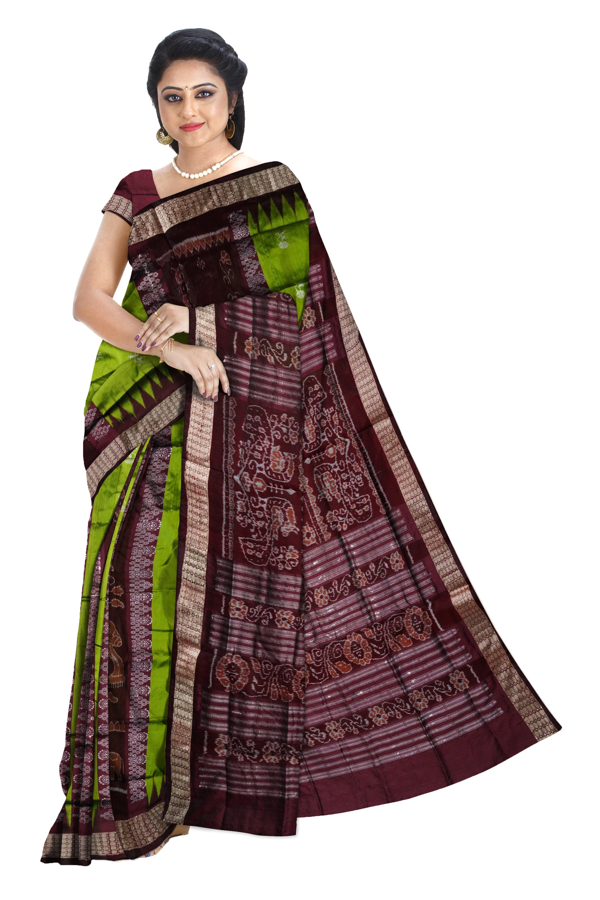 Nartaki with elephant pattern light green and coffee color bomkei pata saree. - Koshali Arts & Crafts Enterprise