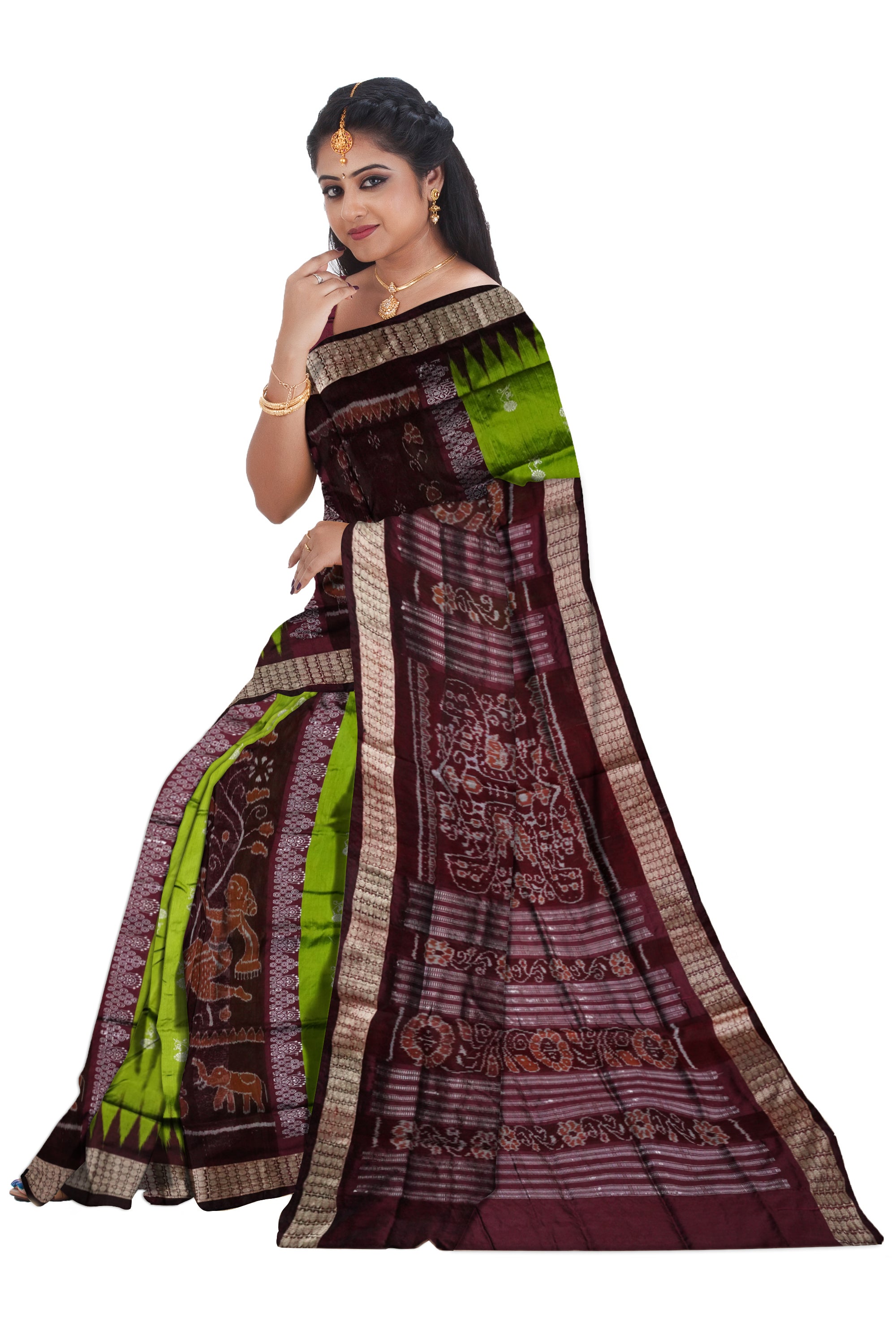 Nartaki with elephant pattern light green and coffee color bomkei pata saree. - Koshali Arts & Crafts Enterprise
