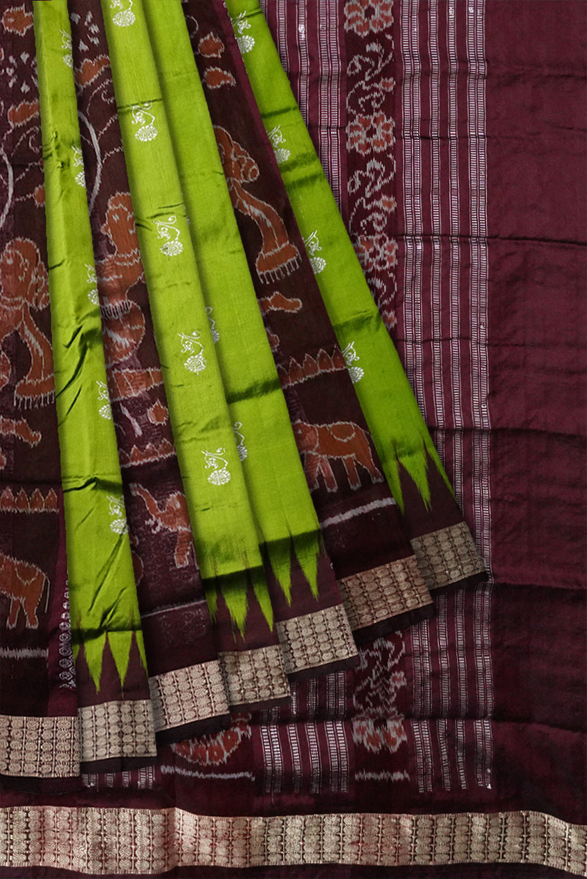 Nartaki with elephant pattern light green and coffee color bomkei pata saree. - Koshali Arts & Crafts Enterprise