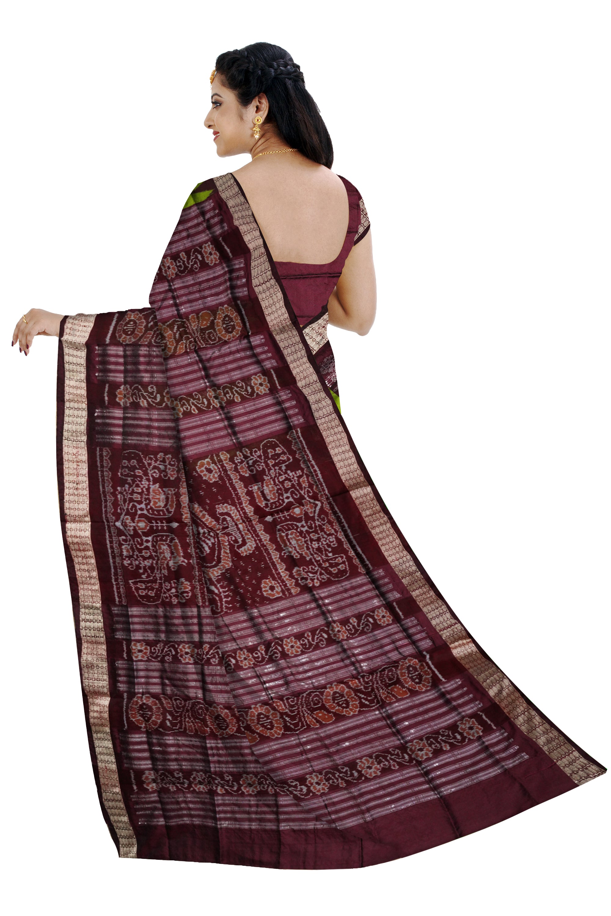 Nartaki with elephant pattern light green and coffee color bomkei pata saree. - Koshali Arts & Crafts Enterprise