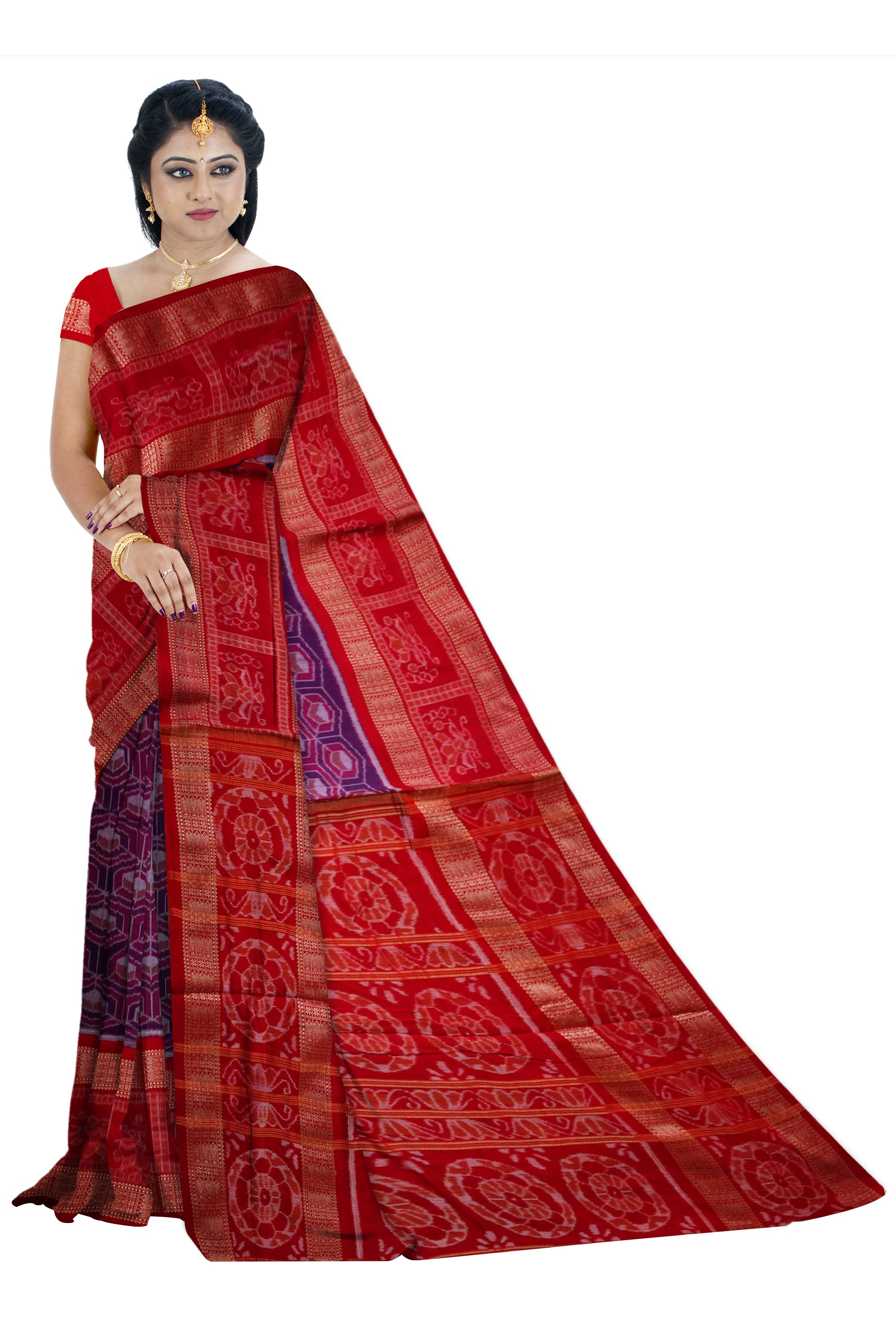 Violet & Red color big border pattern pure cotton saree. - Koshali Arts & Crafts Enterprise