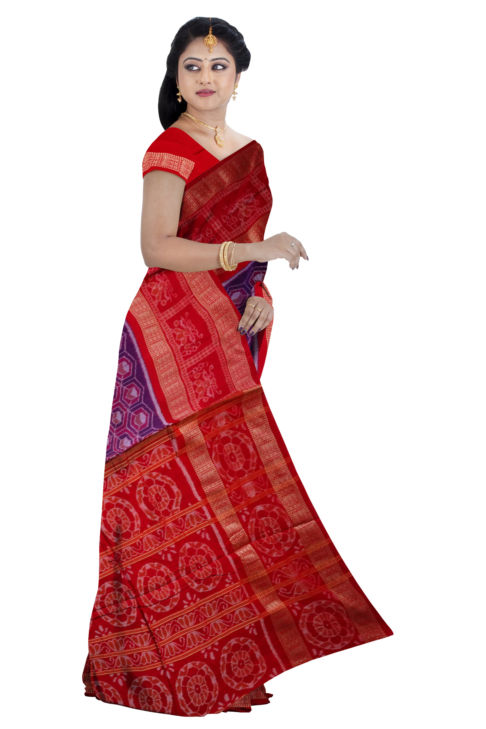 Violet & Red color big border pattern pure cotton saree. - Koshali Arts & Crafts Enterprise
