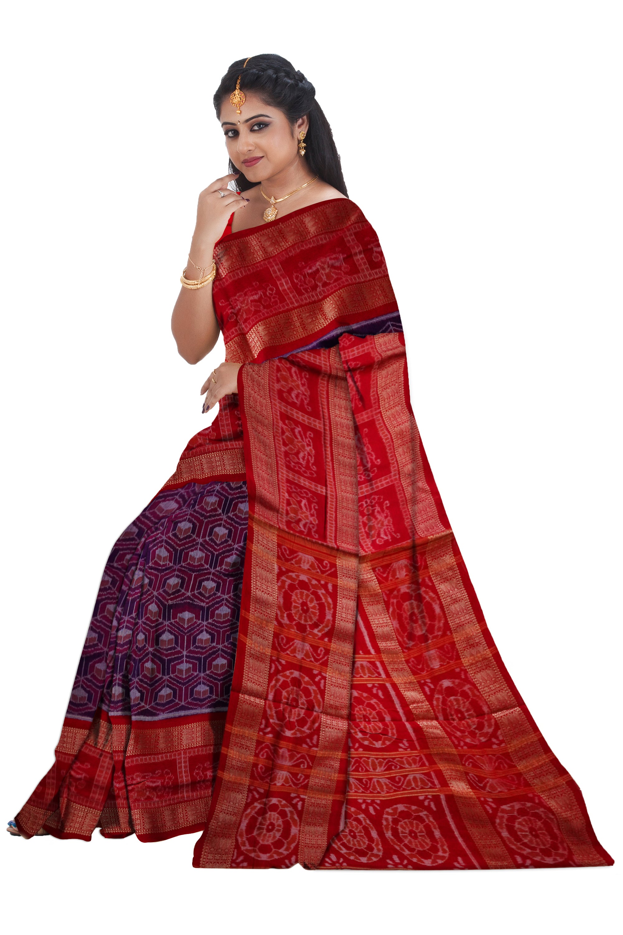 Violet & Red color big border pattern pure cotton saree. - Koshali Arts & Crafts Enterprise