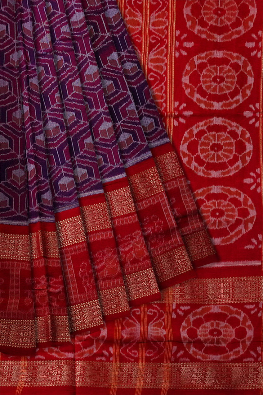 Violet & Red color big border pattern pure cotton saree. - Koshali Arts & Crafts Enterprise