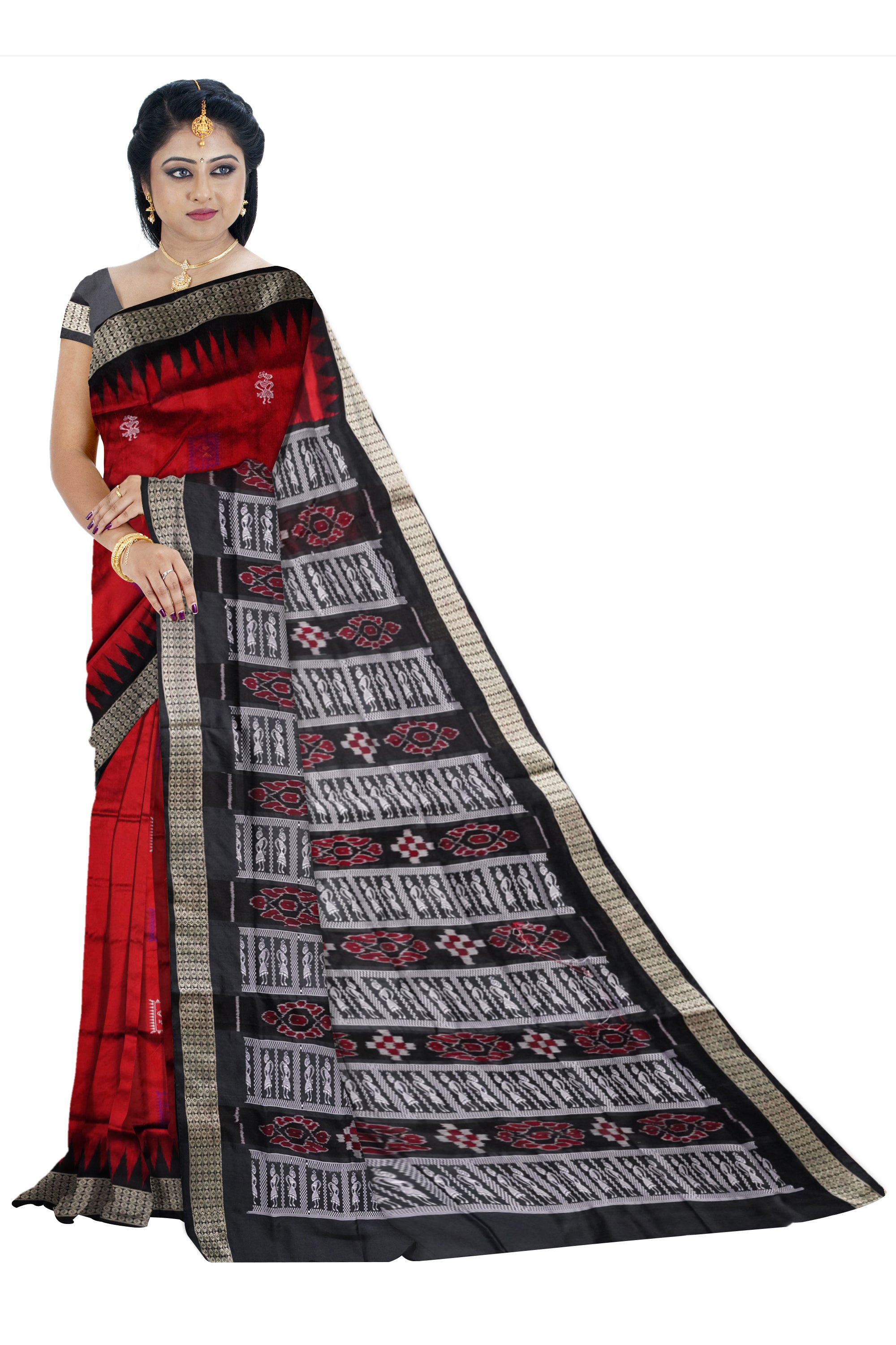 Small boxes terracotta pattern pata saree is maroon and black color . - Koshali Arts & Crafts Enterprise