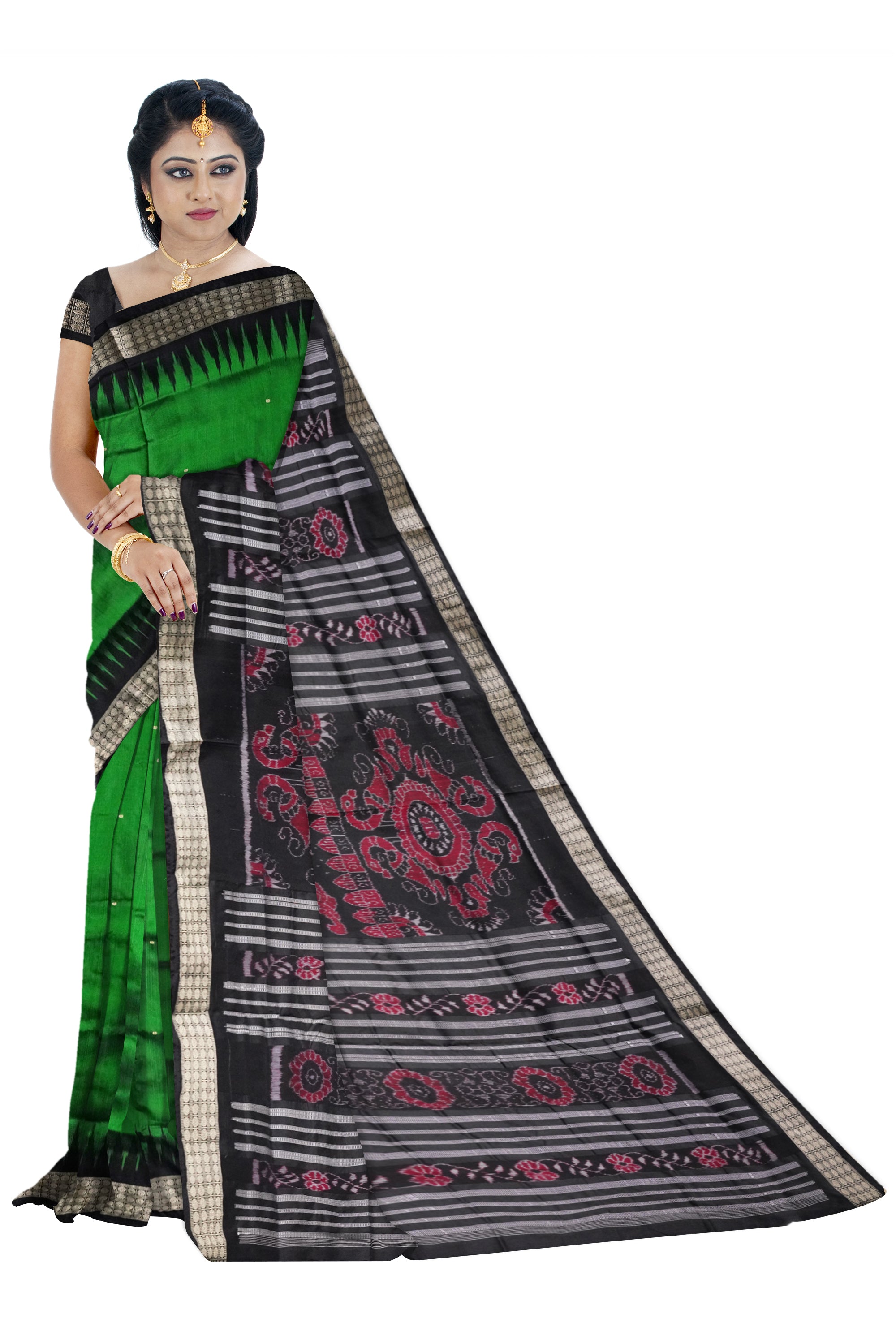 Green and black color small booty patern plain pata saree. - Koshali Arts & Crafts Enterprise