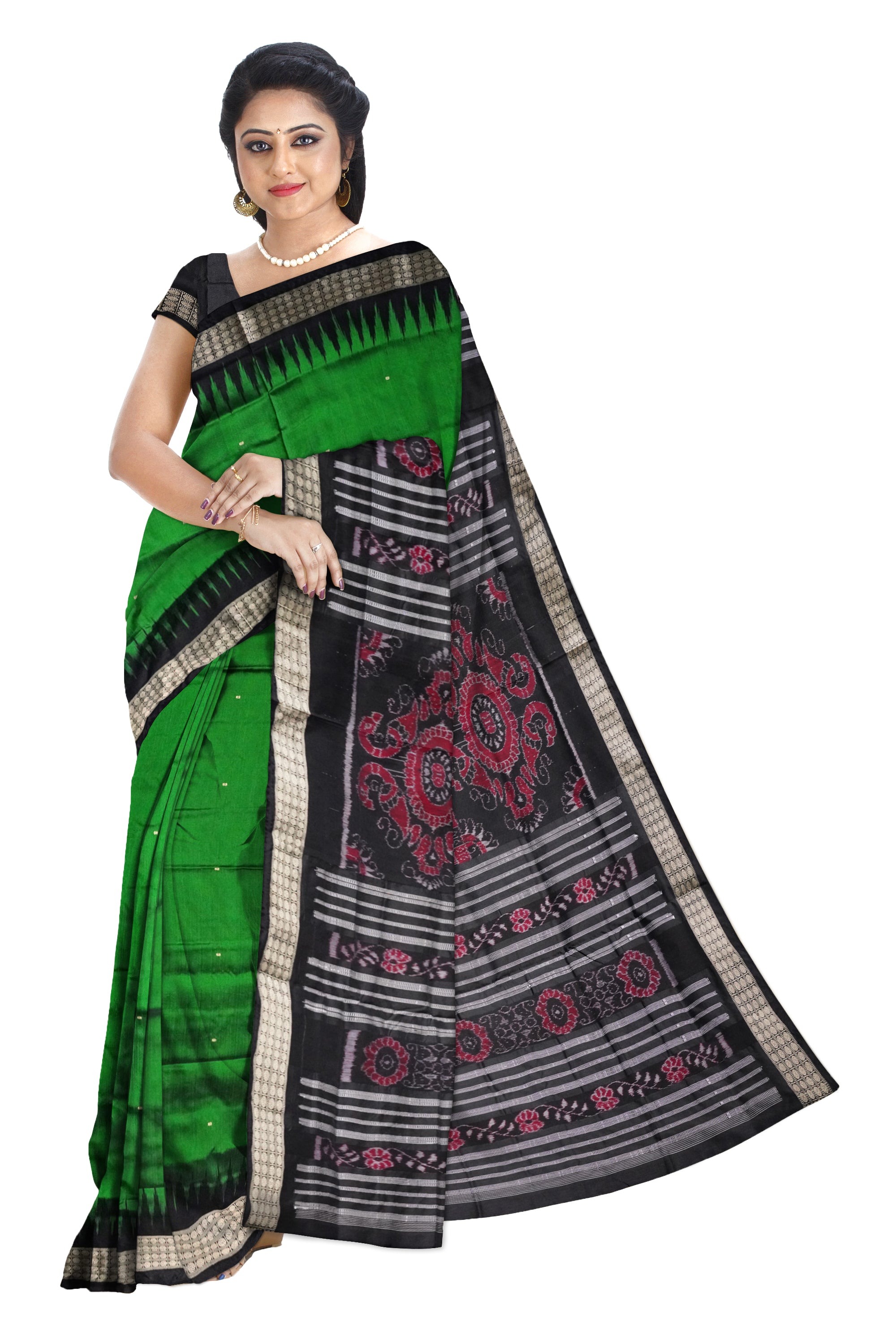 Green and black color small booty patern plain pata saree. - Koshali Arts & Crafts Enterprise