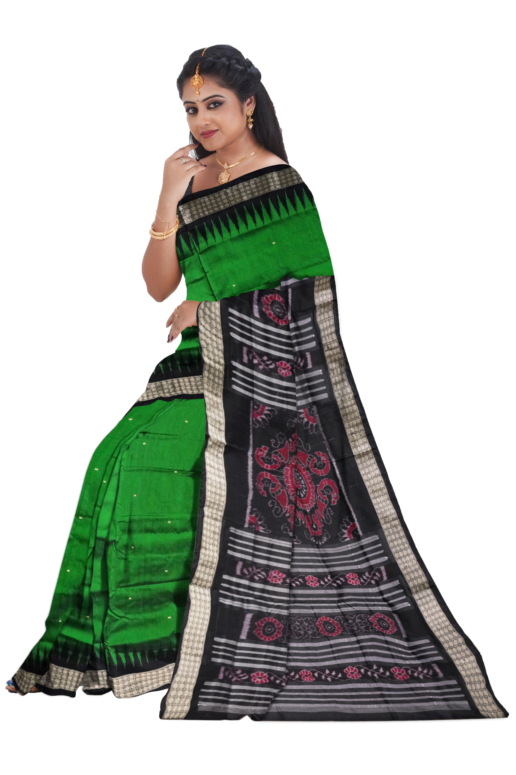 Green and black color small booty patern plain pata saree. - Koshali Arts & Crafts Enterprise