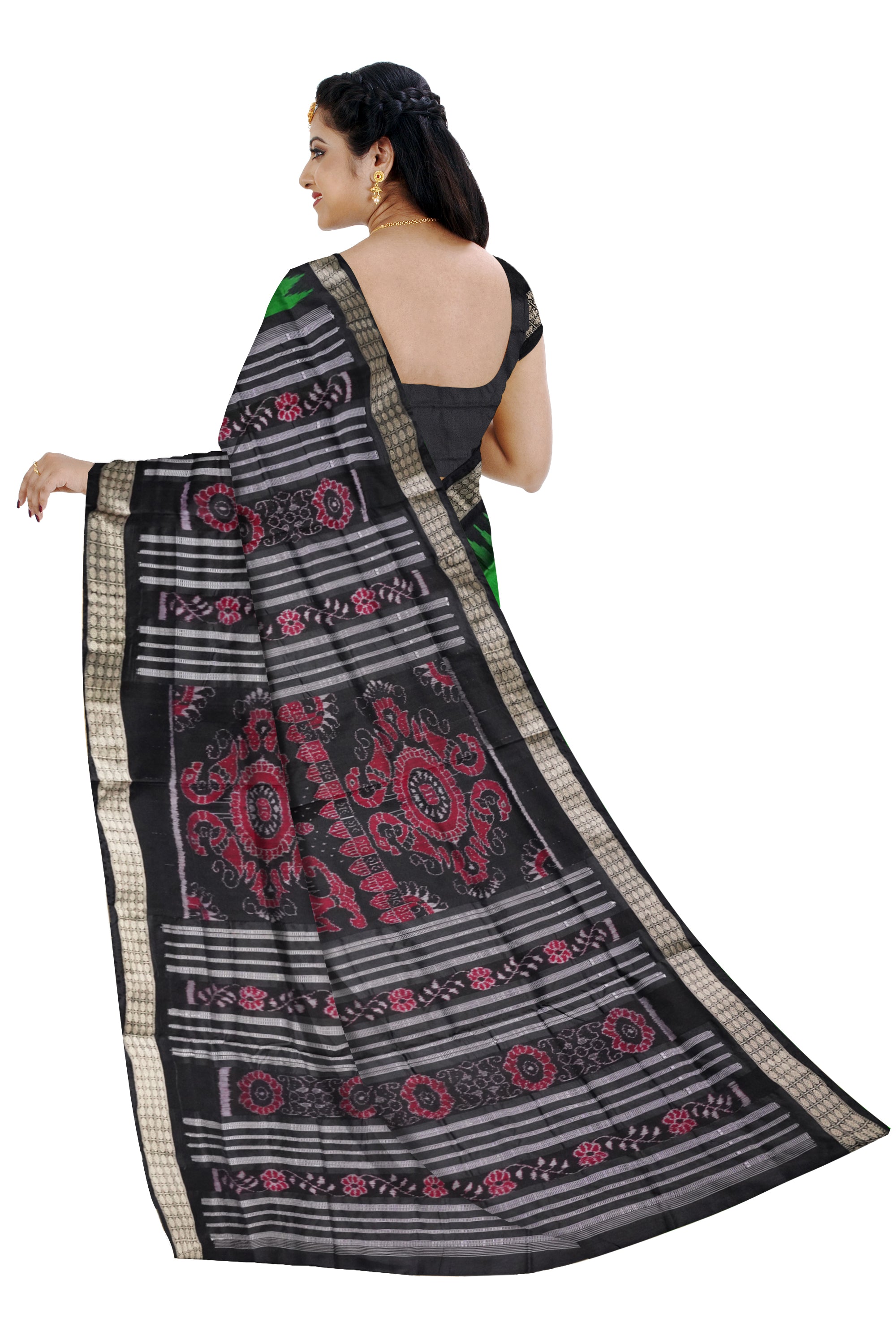 Green and black color small booty patern plain pata saree. - Koshali Arts & Crafts Enterprise