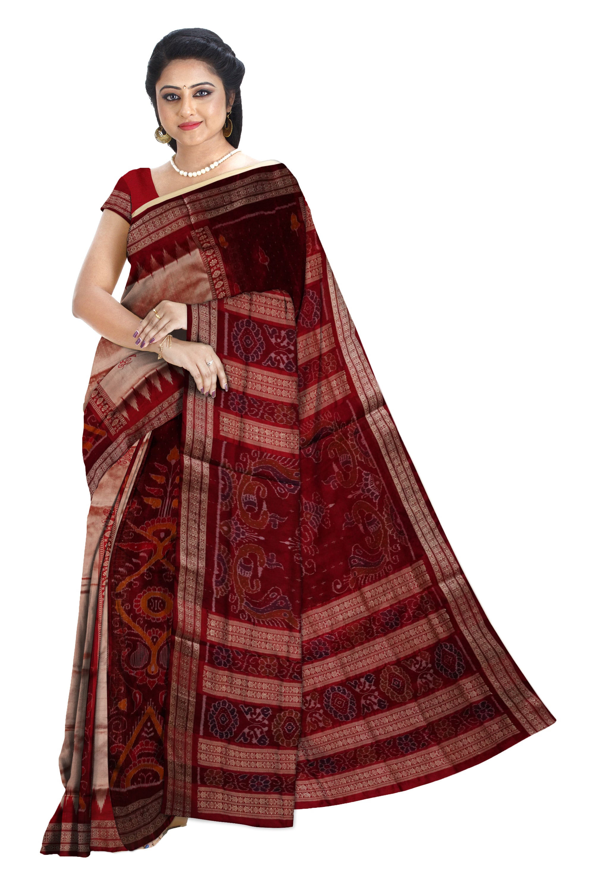 Peach & maroon color bomkei pata saree. - Koshali Arts & Crafts Enterprise