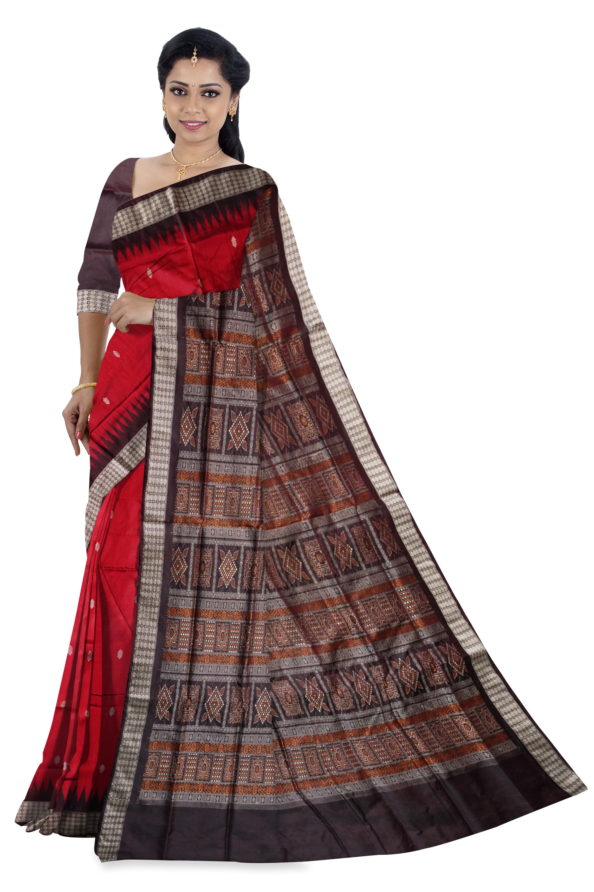 Maroon and coffee color plain pata saree. - Koshali Arts & Crafts Enterprise