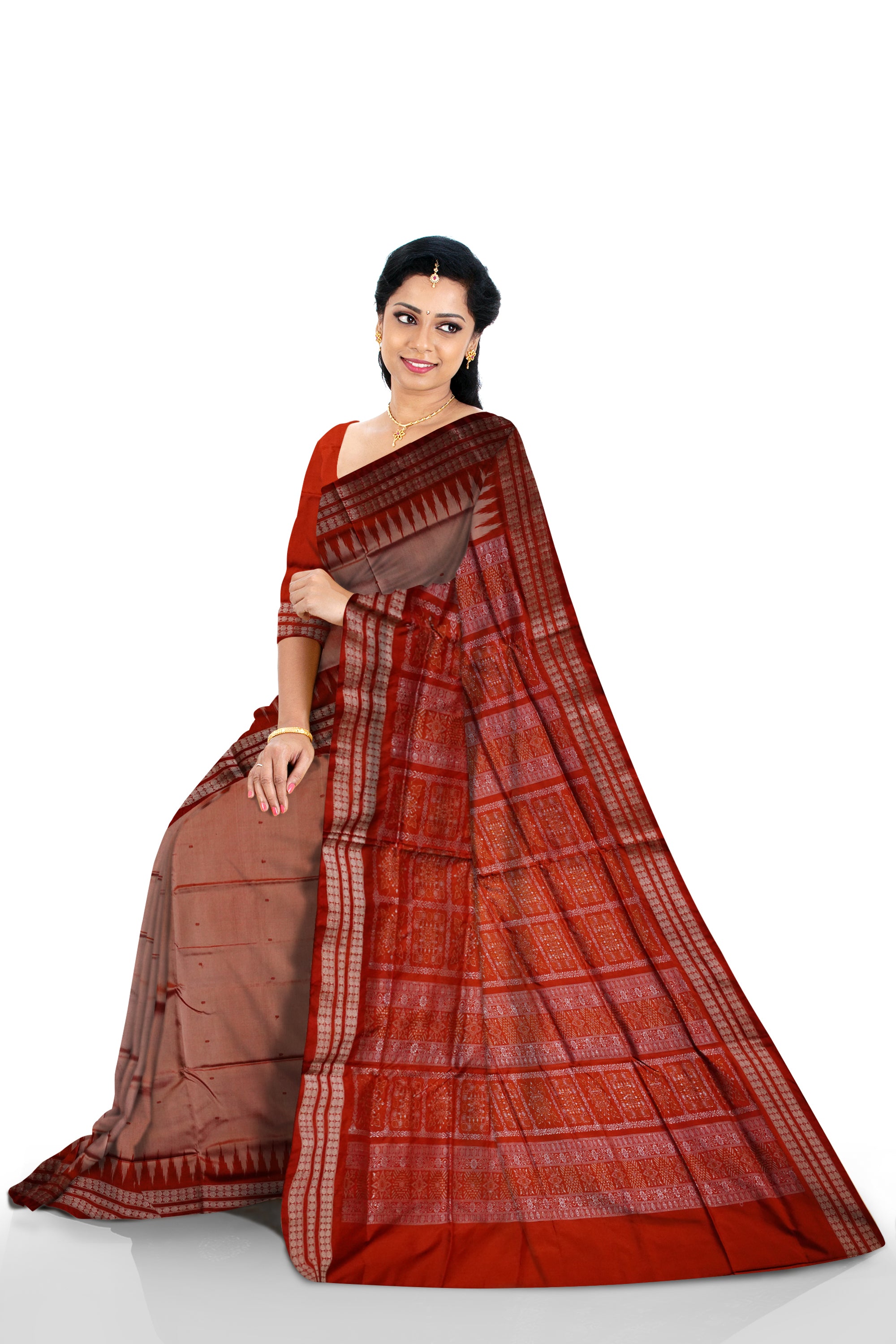 Peach and Orange color plain pata saree. - Koshali Arts & Crafts Enterprise