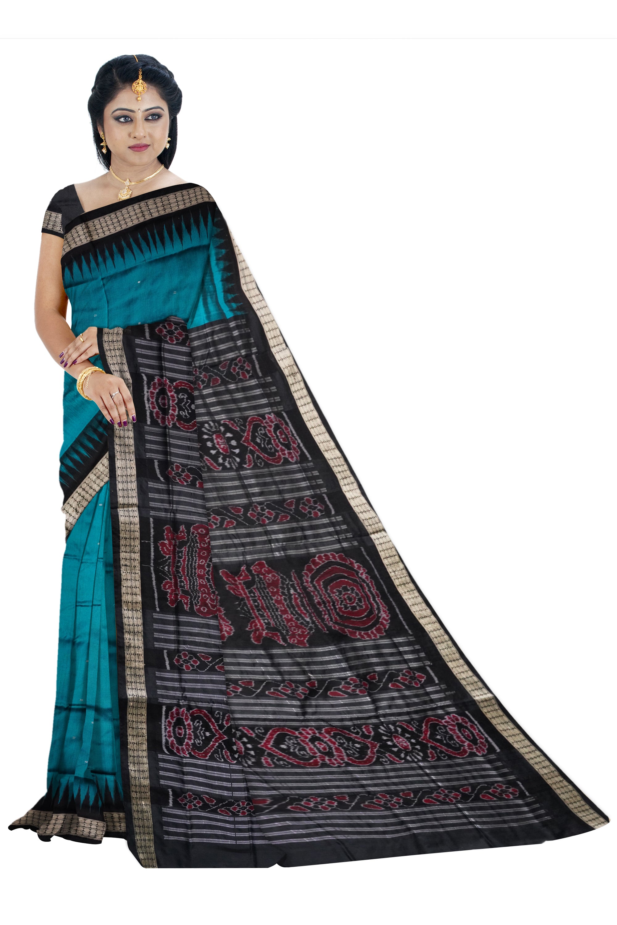 Sky-blue & Black color plain pata saree. - Koshali Arts & Crafts Enterprise